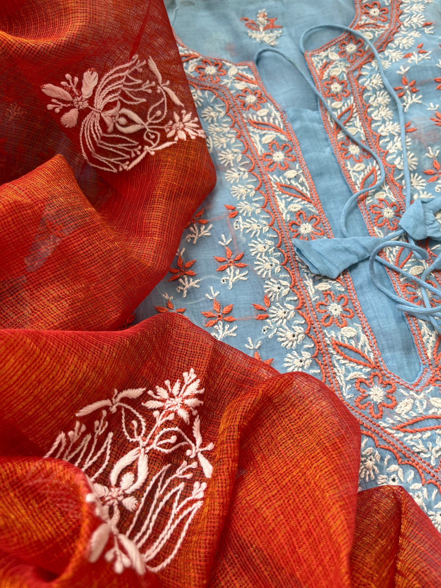 Chanderi Chikankari Kurta kota tissue Dupatta
