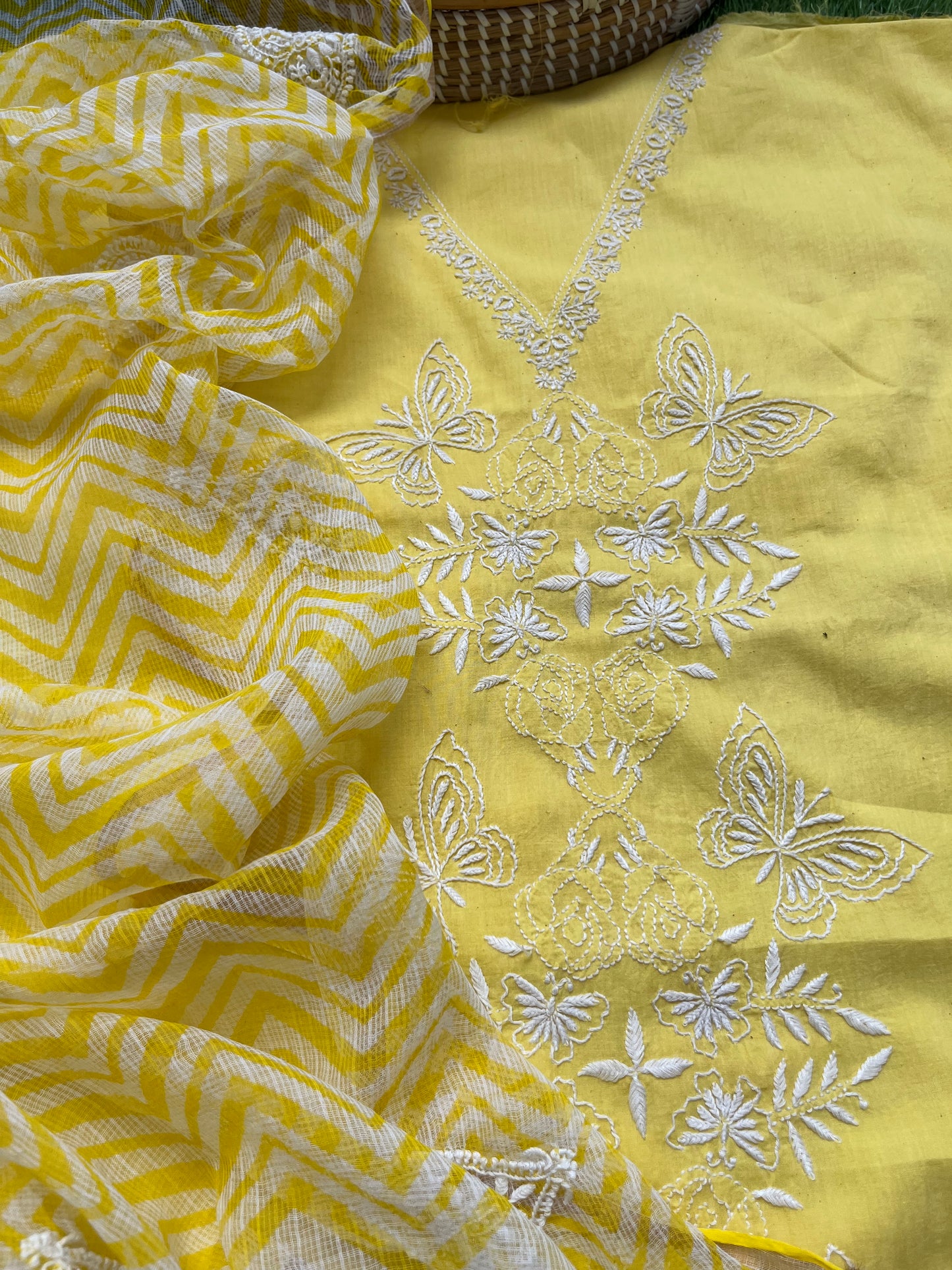 Kala cotton chikan kurta kota dupatta