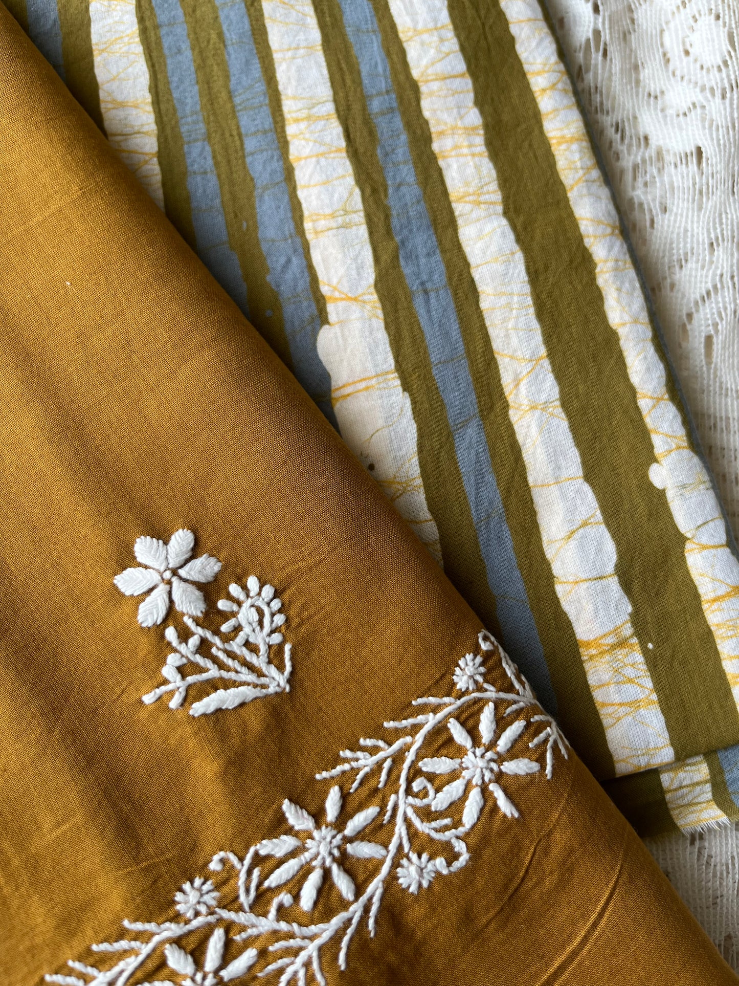 Cotton chikankari Bottom with a baatik kurta fabric