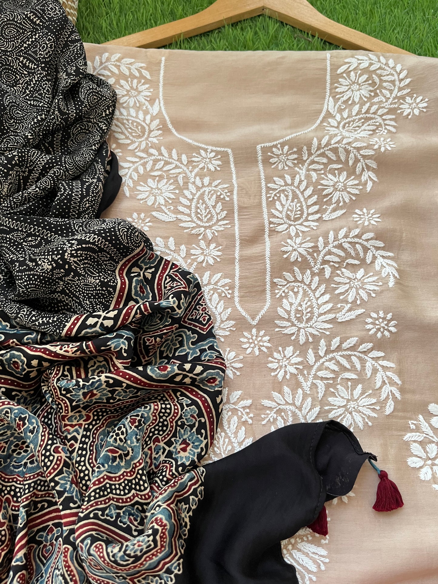 Chanderi Chikankari Kurta ajrakh Dupatta