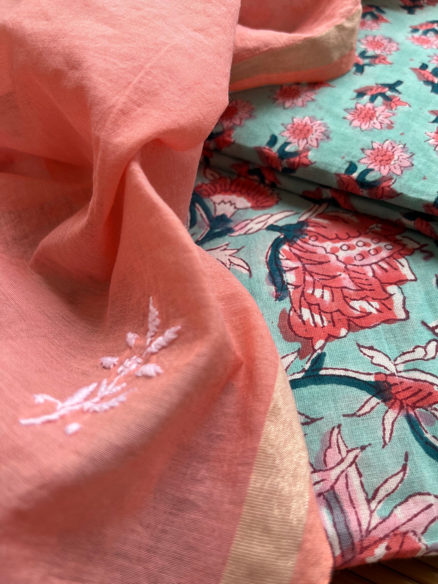 Chanderi Chikankari Dupatta with print kurta bottom Fabric