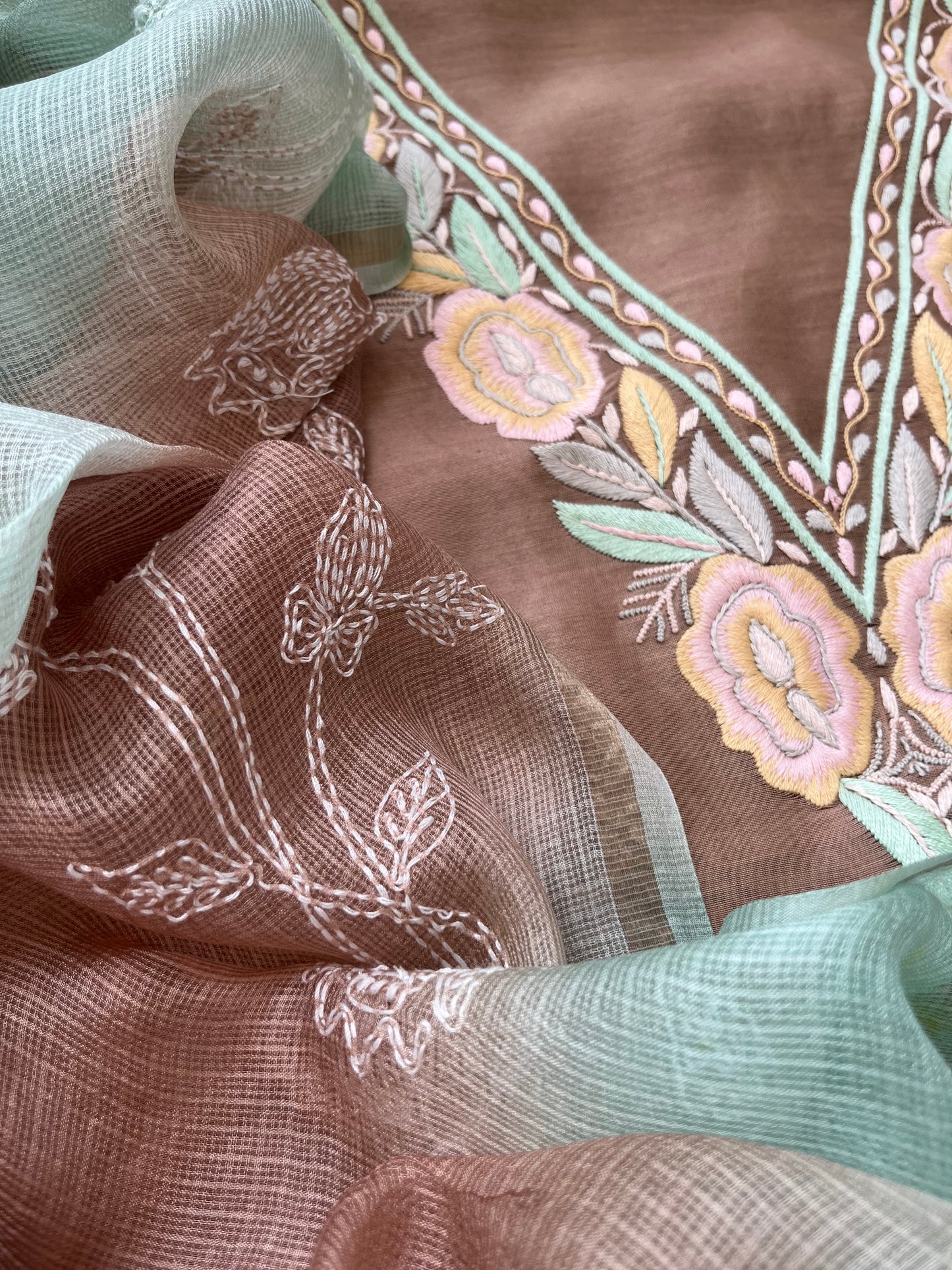 Hand embroidered chanderi kurta kota silk chikan work dupatta