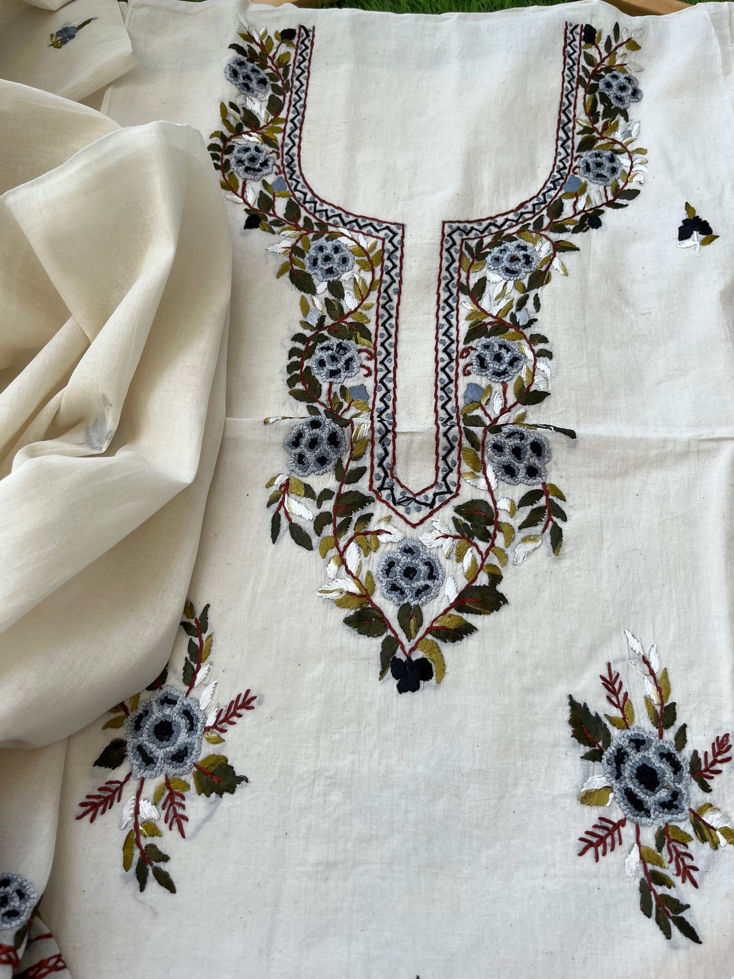 Handwoven Cotton knot work embroidered kurta dupatta and plain bottom fabric