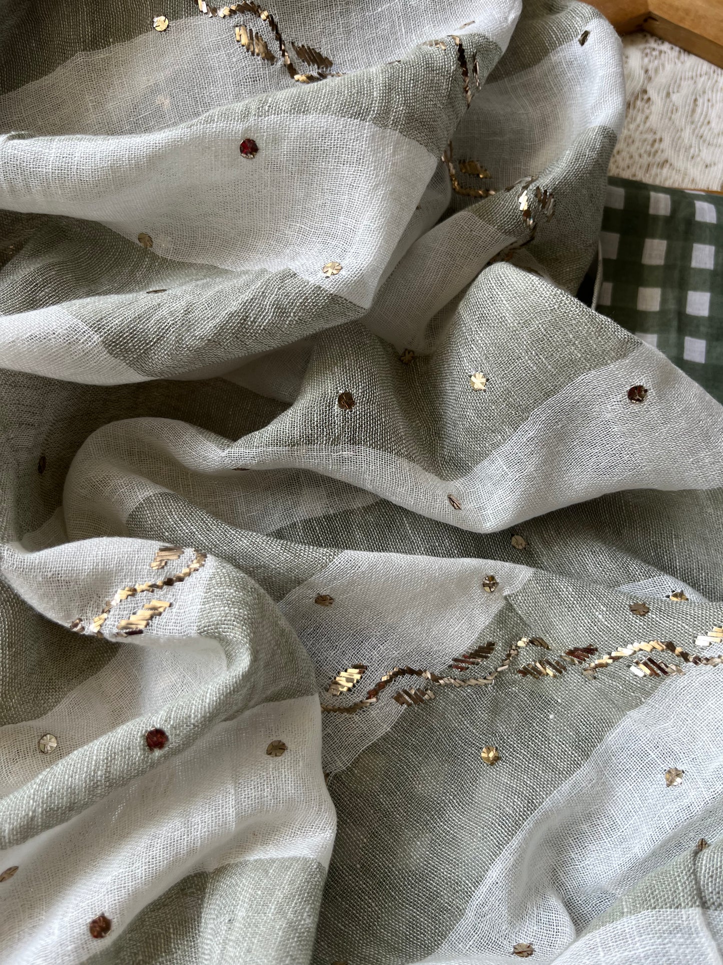 Linen Mukaish work Dupatta check fabric