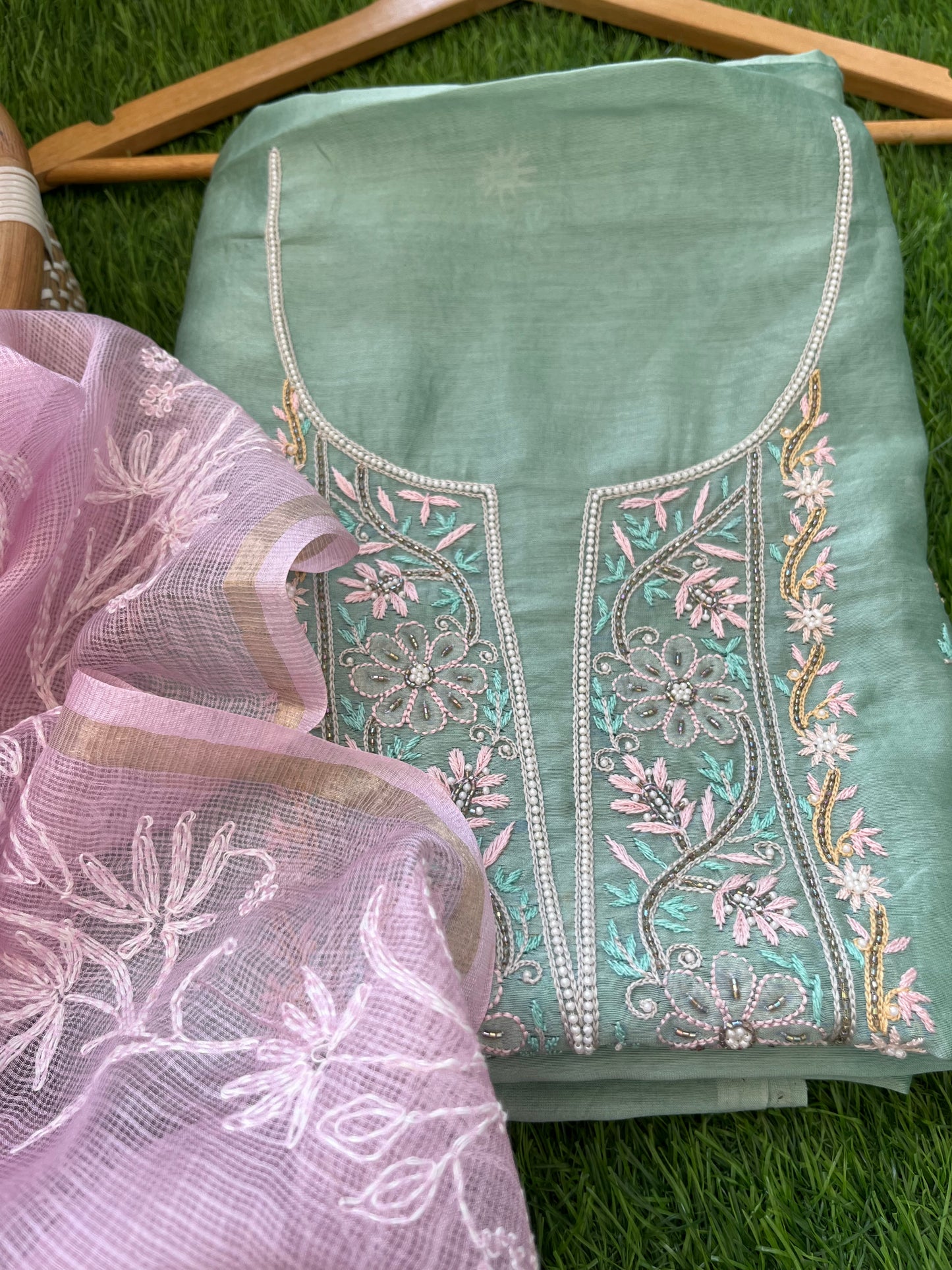 Hand embroidered chanderi kurta kota silk chikan work dupatta
