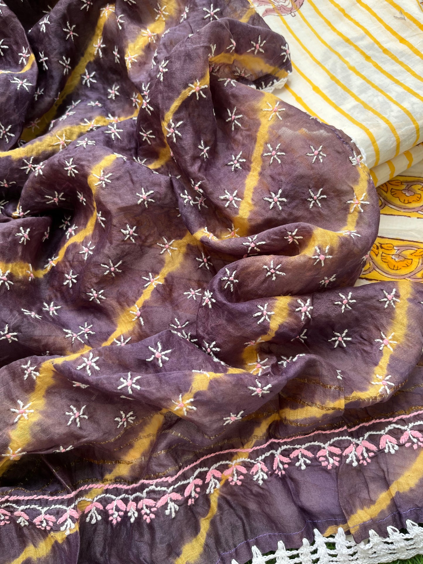 Chanderi Chikankari Dupatta with print kurta bottom Fabric