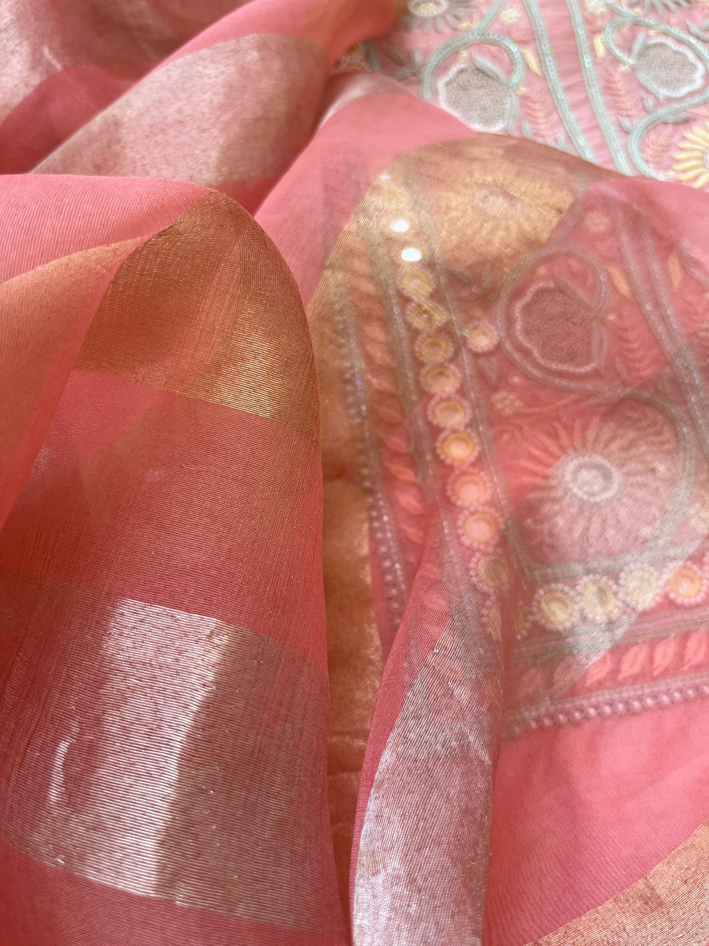 त्योहार :organza Dupatta with chanderi hand embroidered kurta bottom Fabric
