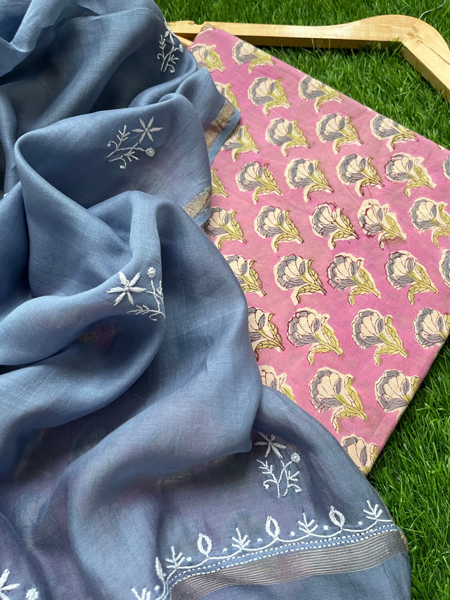 Chanderi Chikankari Dupatta with print kurta bottom Fabric
