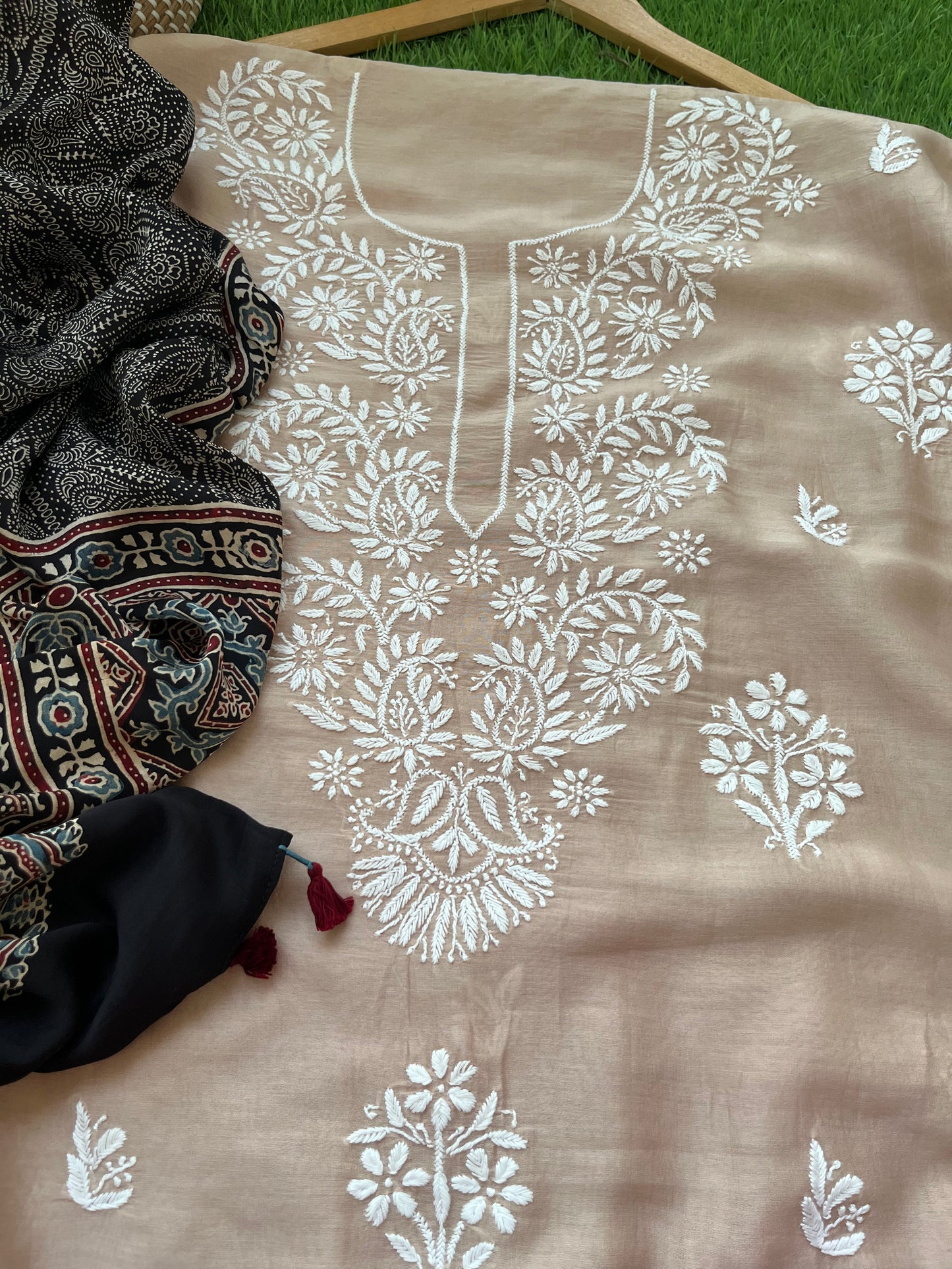 Chanderi Chikankari Kurta ajrakh Dupatta