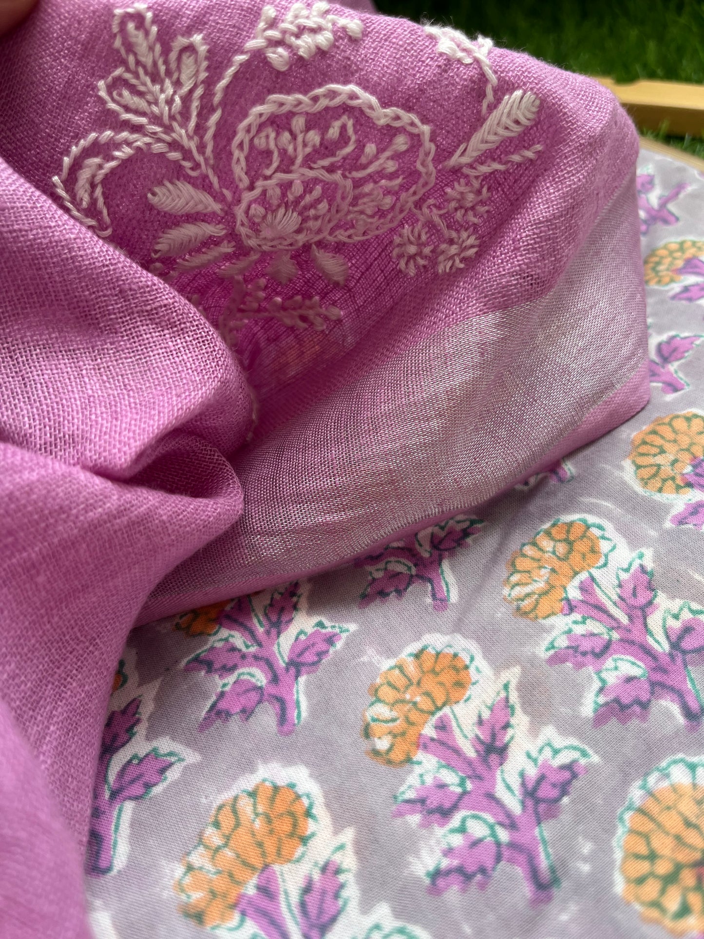 Cotton print kurta bottom fabric linen chikan work dupatta