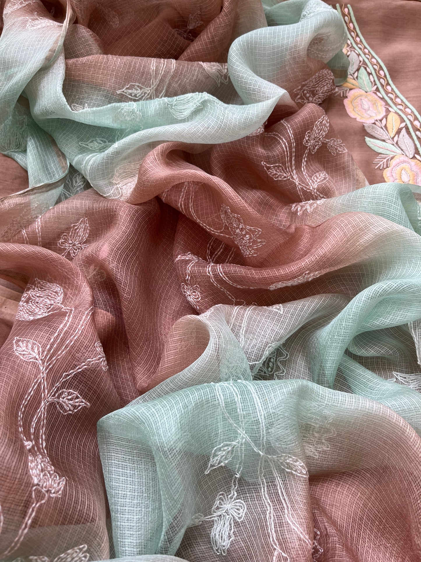 Hand embroidered chanderi kurta kota silk chikan work dupatta