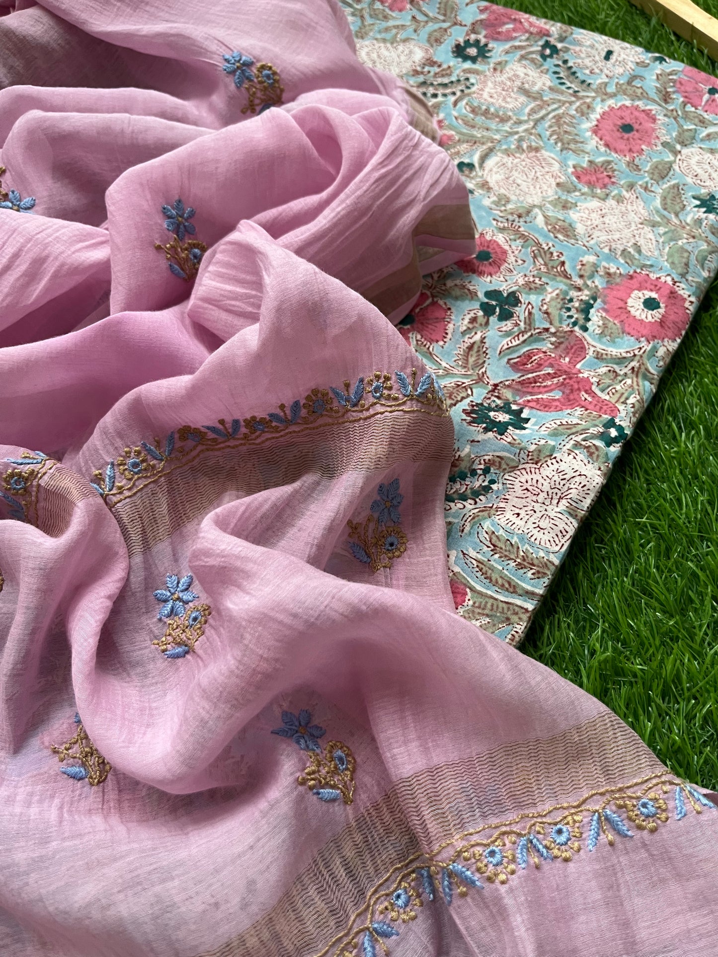 Chanderi Chikankari Dupatta with print kurta bottom Fabric