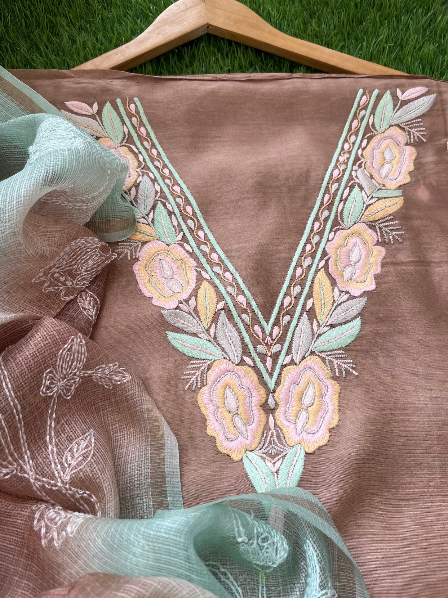 Hand embroidered chanderi kurta kota silk chikan work dupatta