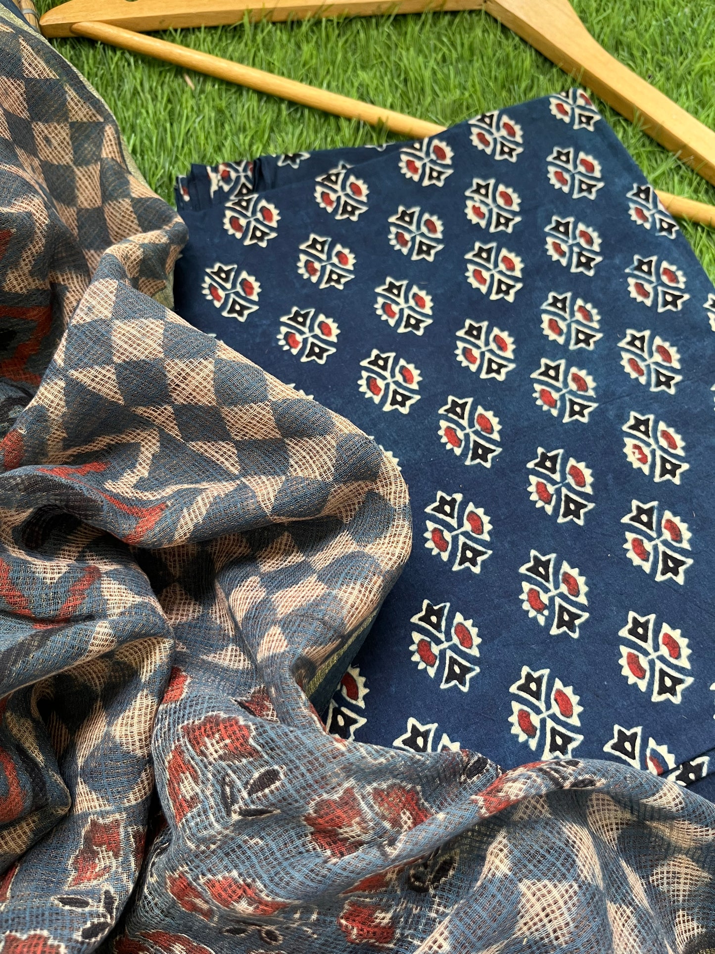 Cotton block print kurta bottom kota doria ajrakh dupatta