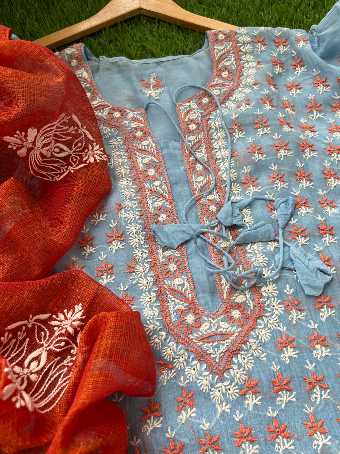 Chanderi Chikankari Kurta kota tissue Dupatta