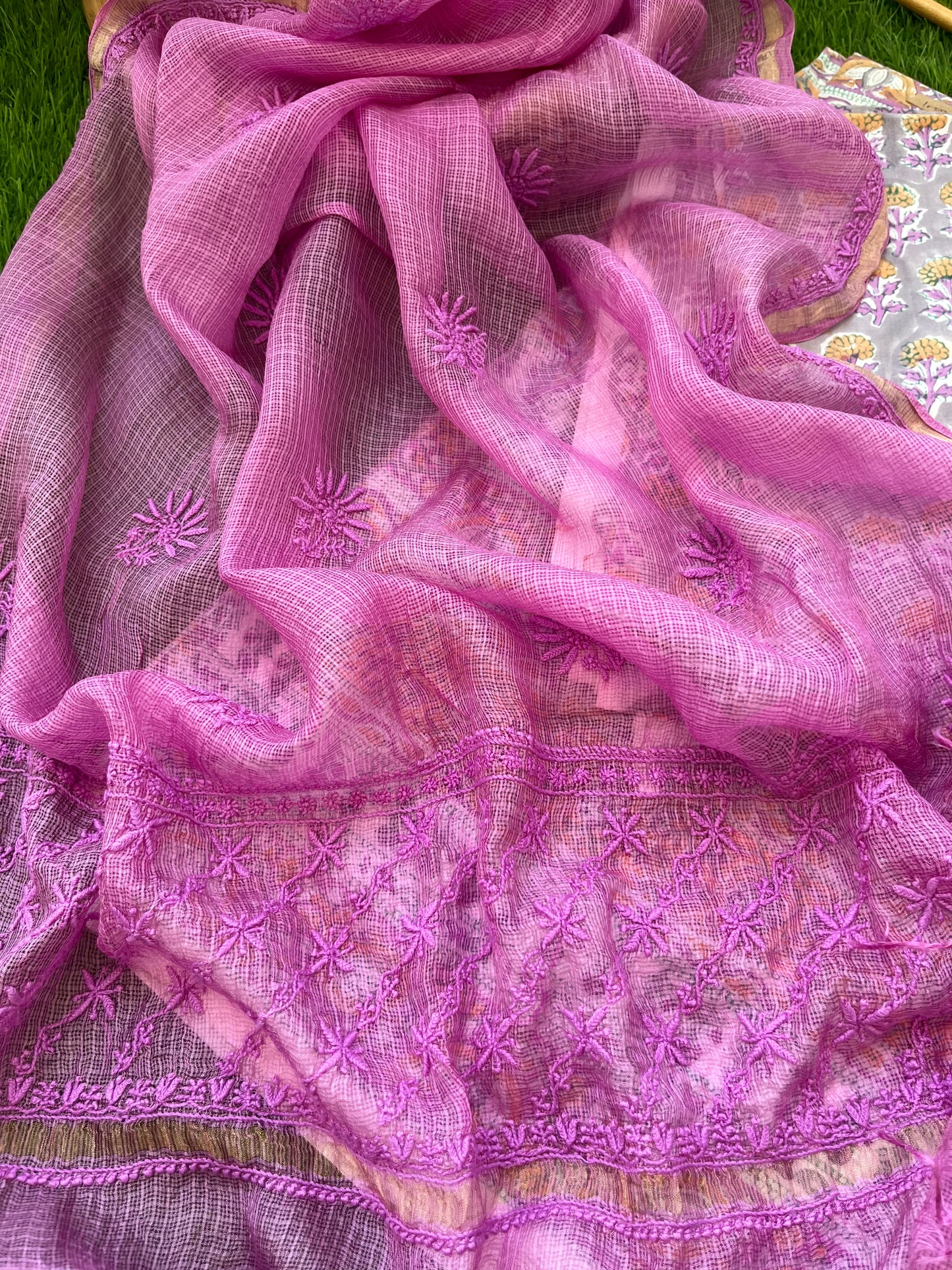 रोज़ाना  :Chanderi Chikankari Dupatta with cotton block print kurta bottom Fabric