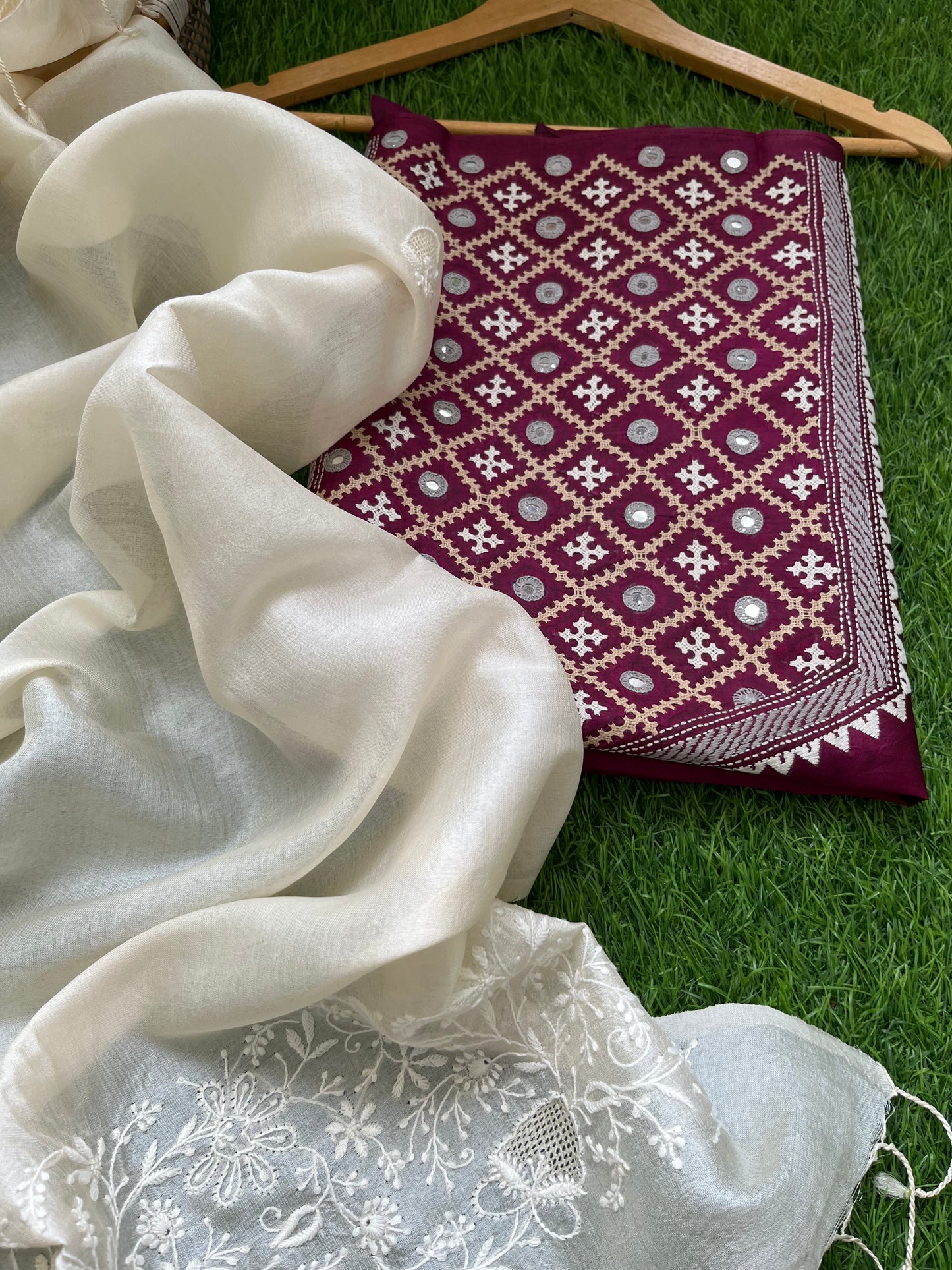 Silk sindhi work kurta fabric with silk chikankari dupatta