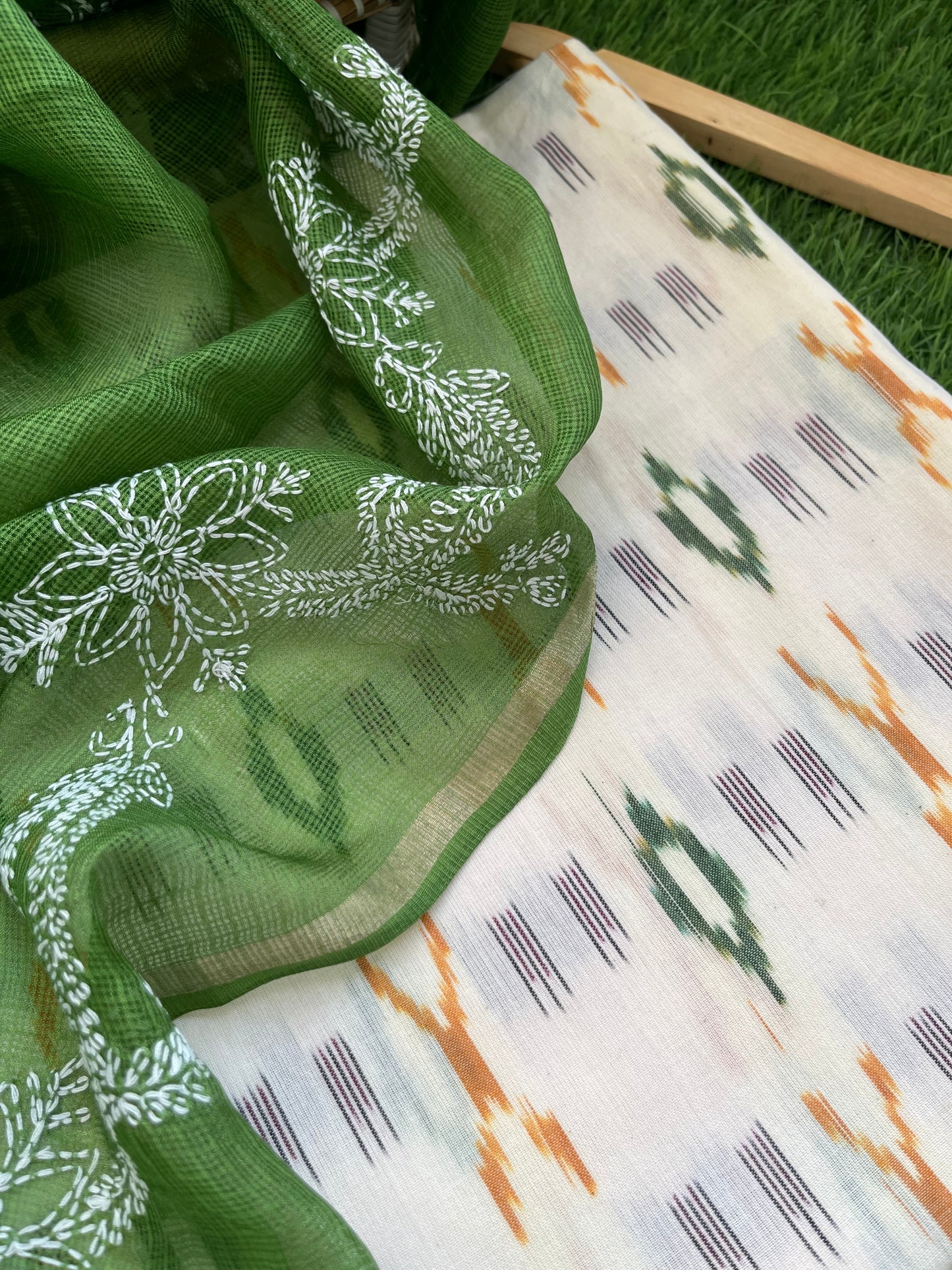 Kota silk Chikankari Dupatta with cotton ikkat kurta Fabric