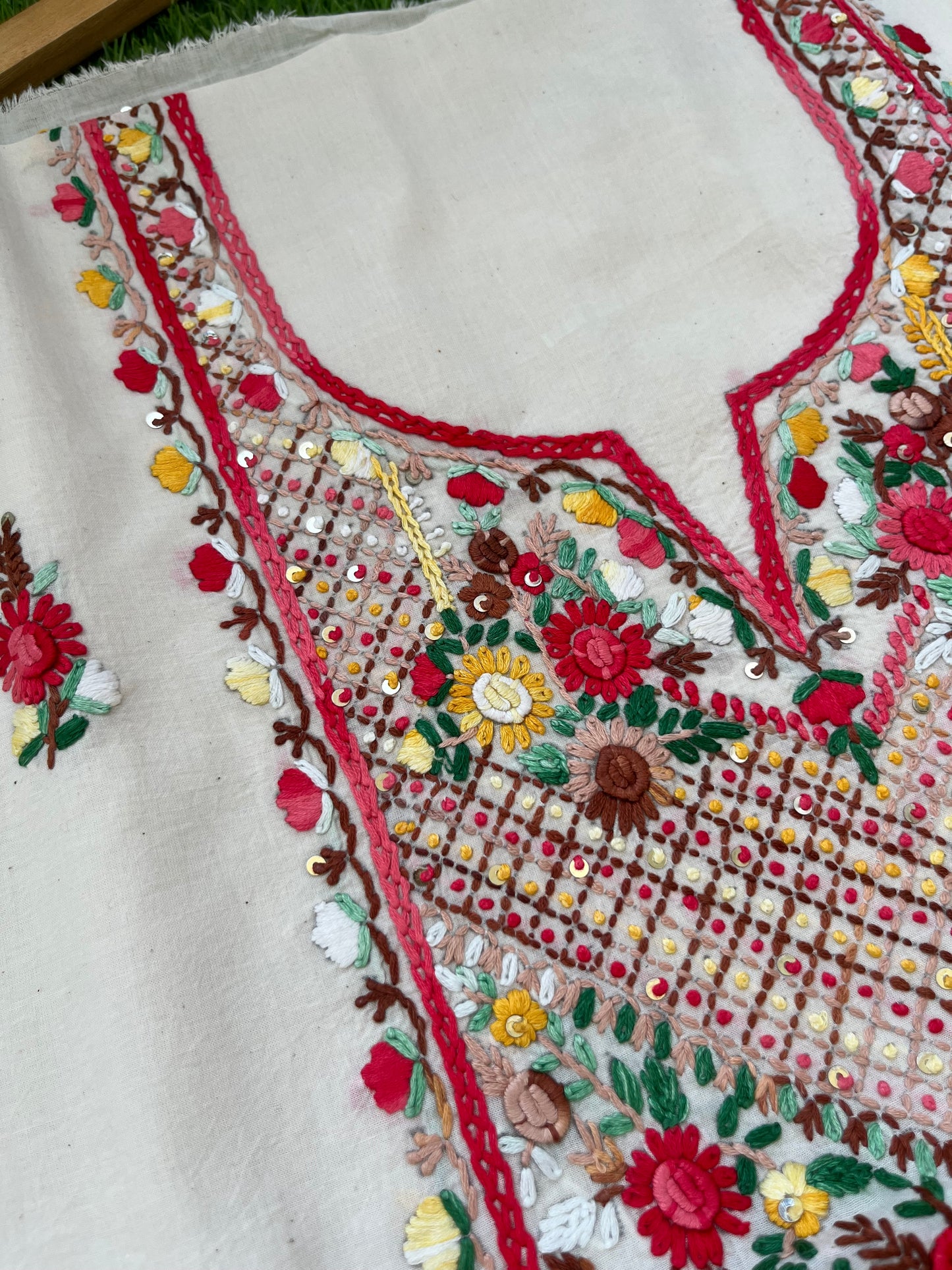 Handwoven Cotton knot work embroidered kurta dupatta and plain bottom fabric