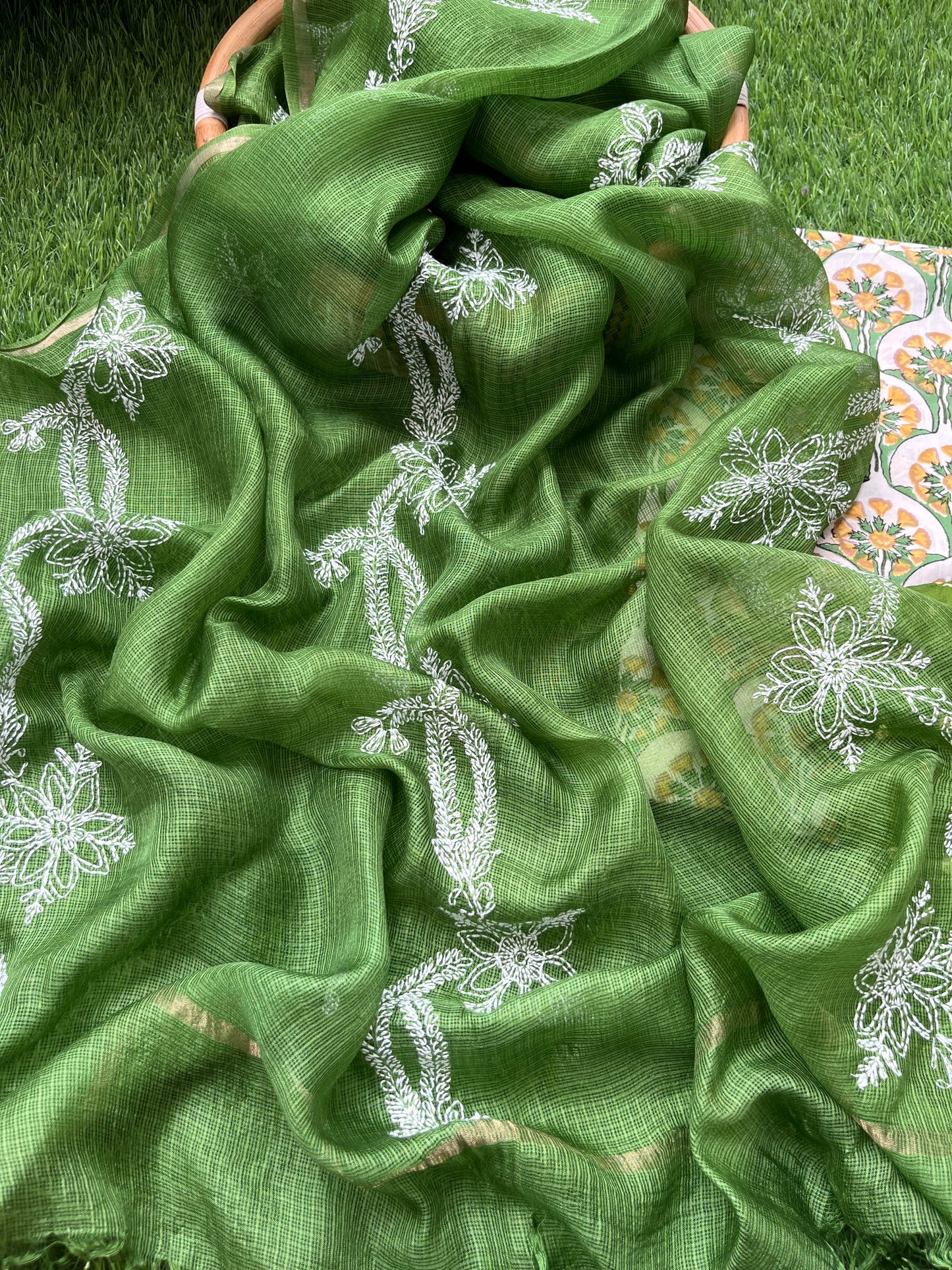 Chikankari kota silk Dupatta and block print kurta bandhani bottom Fabric