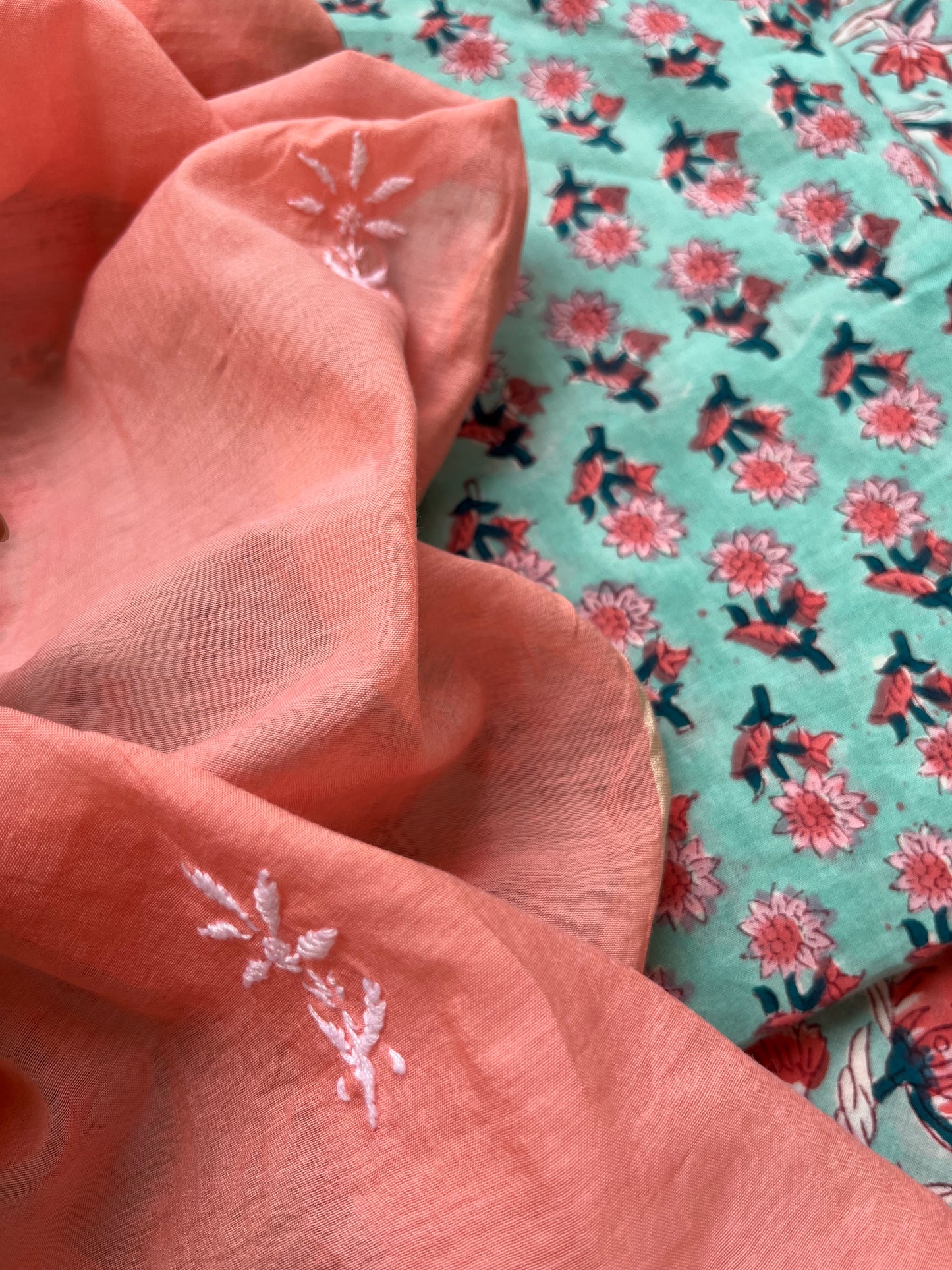 Chanderi Chikankari Dupatta with print kurta bottom Fabric