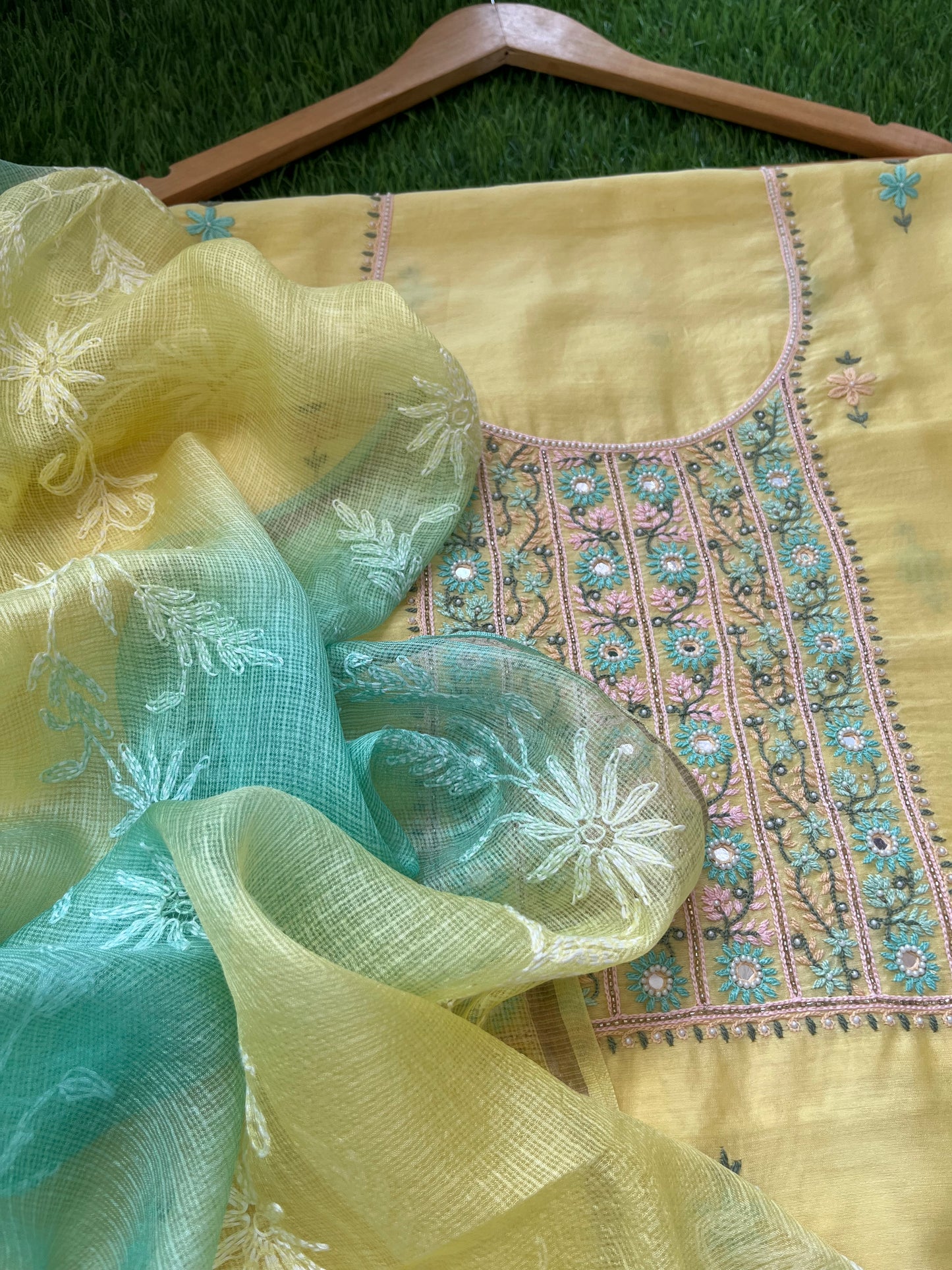 Hand embroidered chanderi kurta kota silk chikan work dupatta