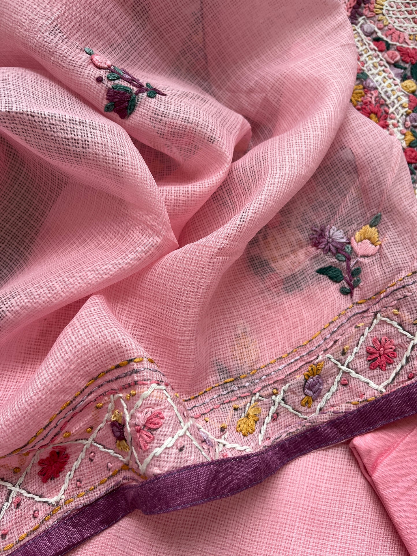 Kota hand embroidered kurta dupatta and plain bottom fabric