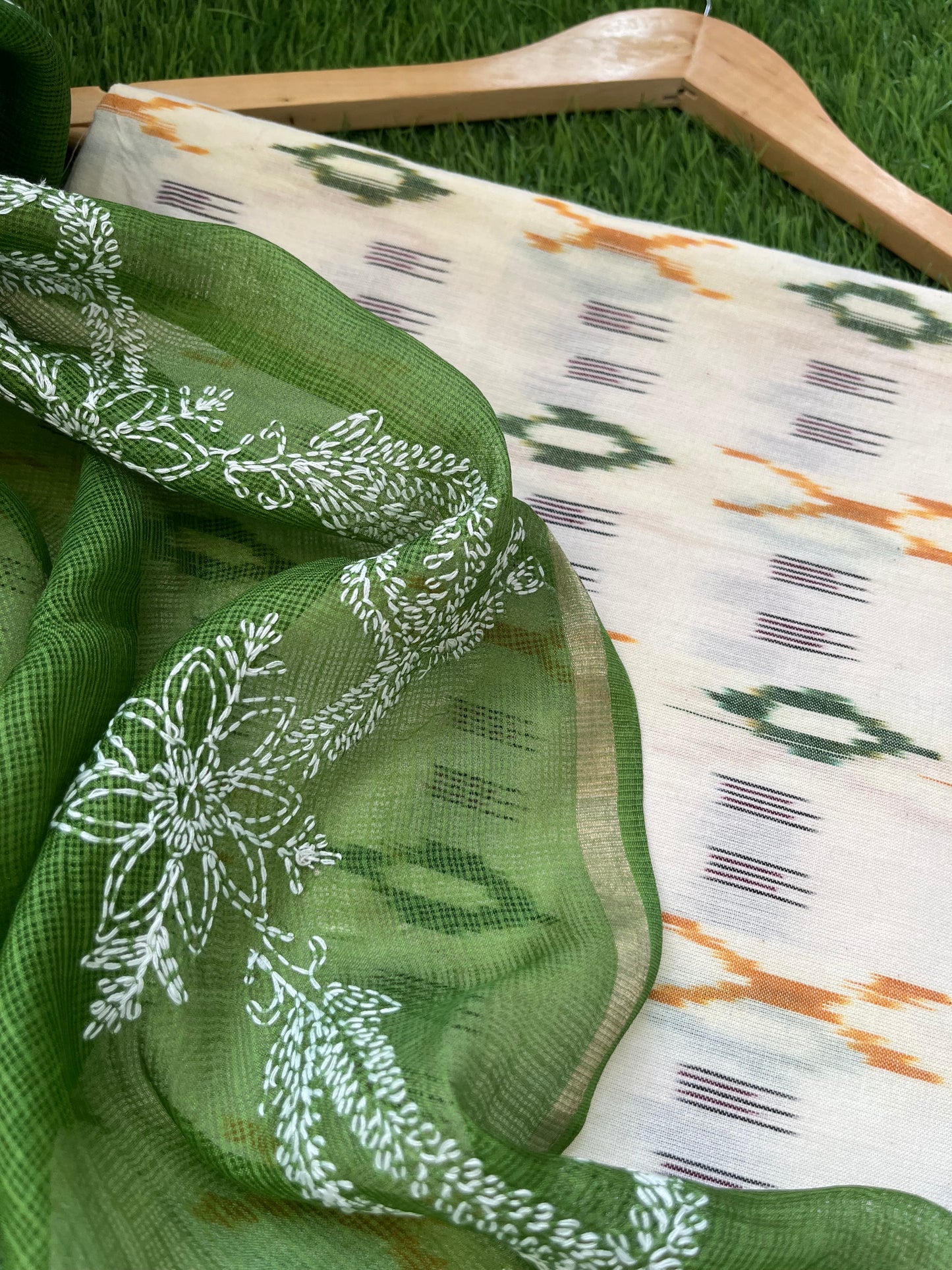 Kota silk Chikankari Dupatta with cotton ikkat kurta Fabric