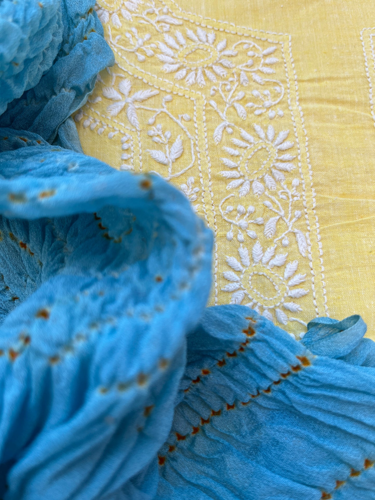 Khadi Mul Chikankari kurta with chinon bandhani dupatta