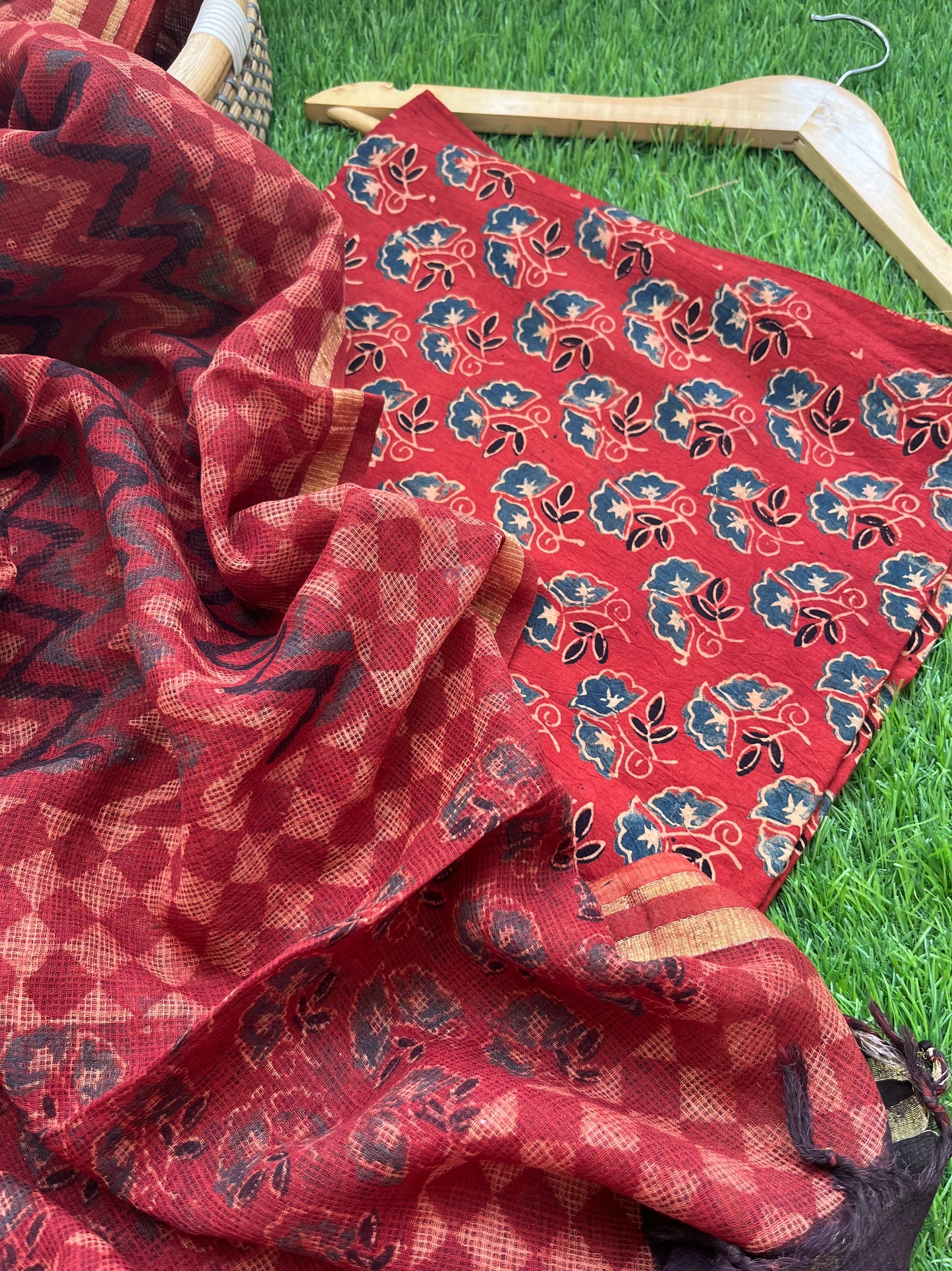 Ajrakh cotton Kurta and kota doria dupatta
