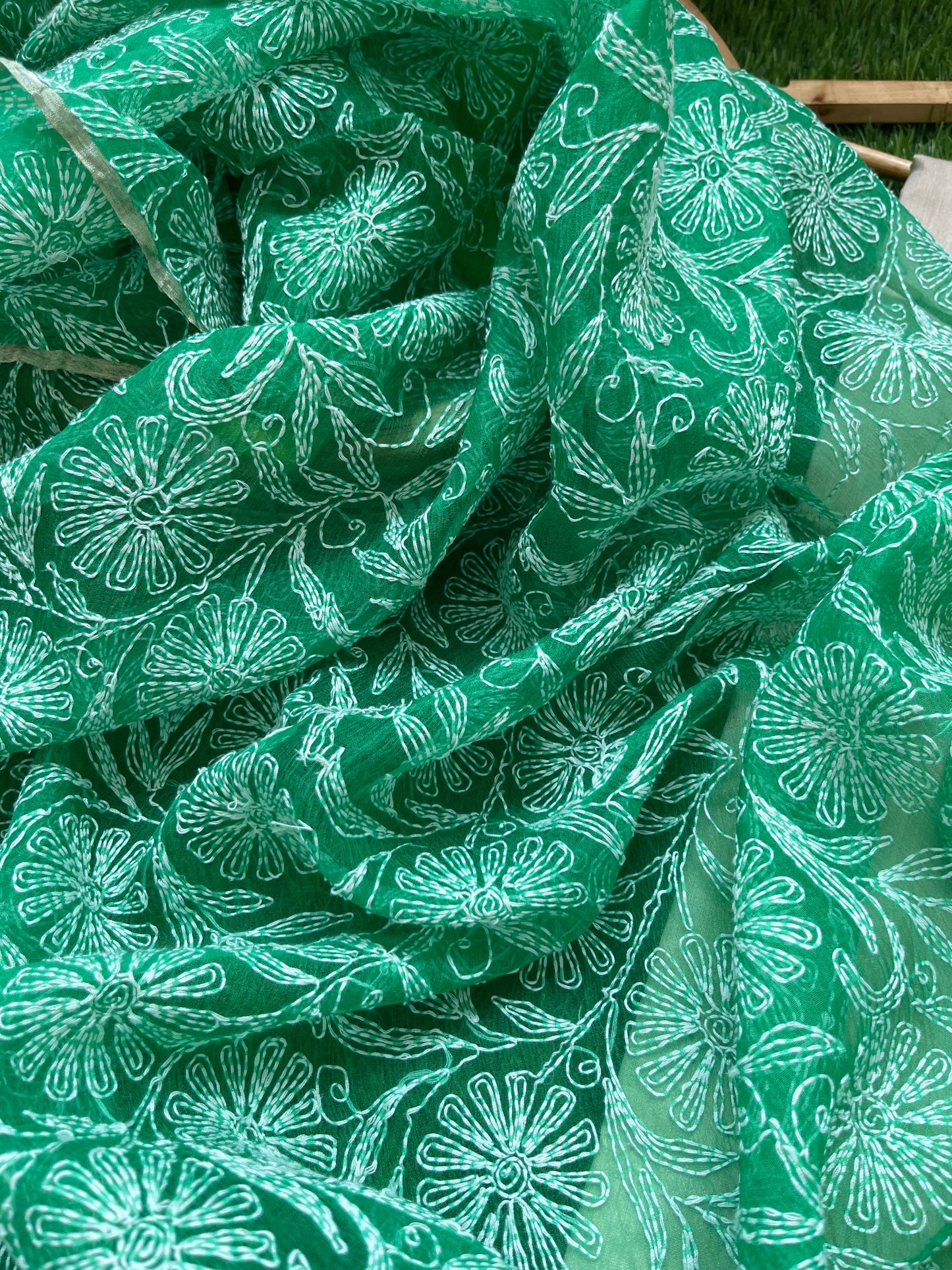 त्योहार - munga silk kurta bottom fabric organza chikan work dupatta