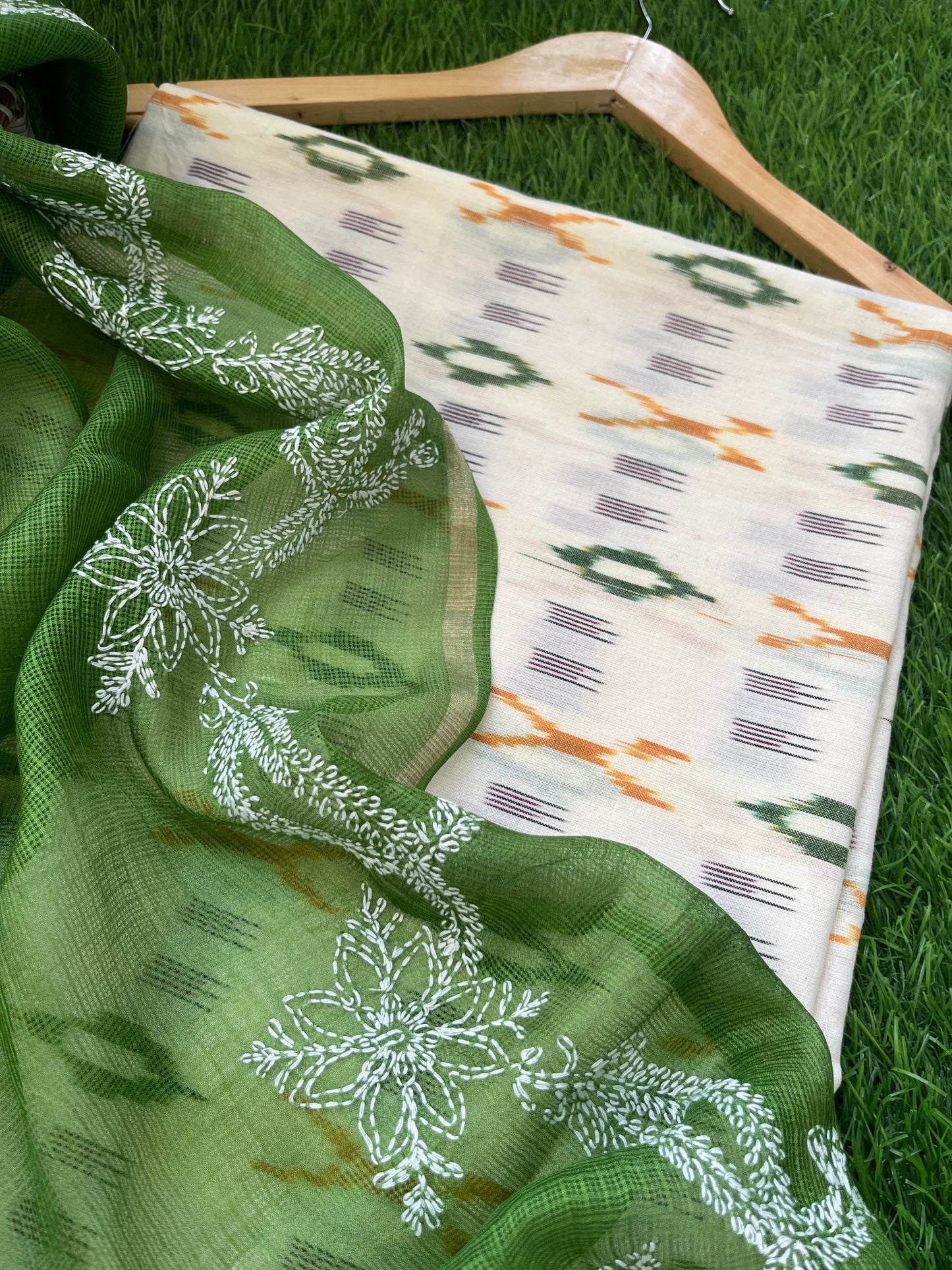 Kota silk Chikankari Dupatta with cotton ikkat kurta Fabric
