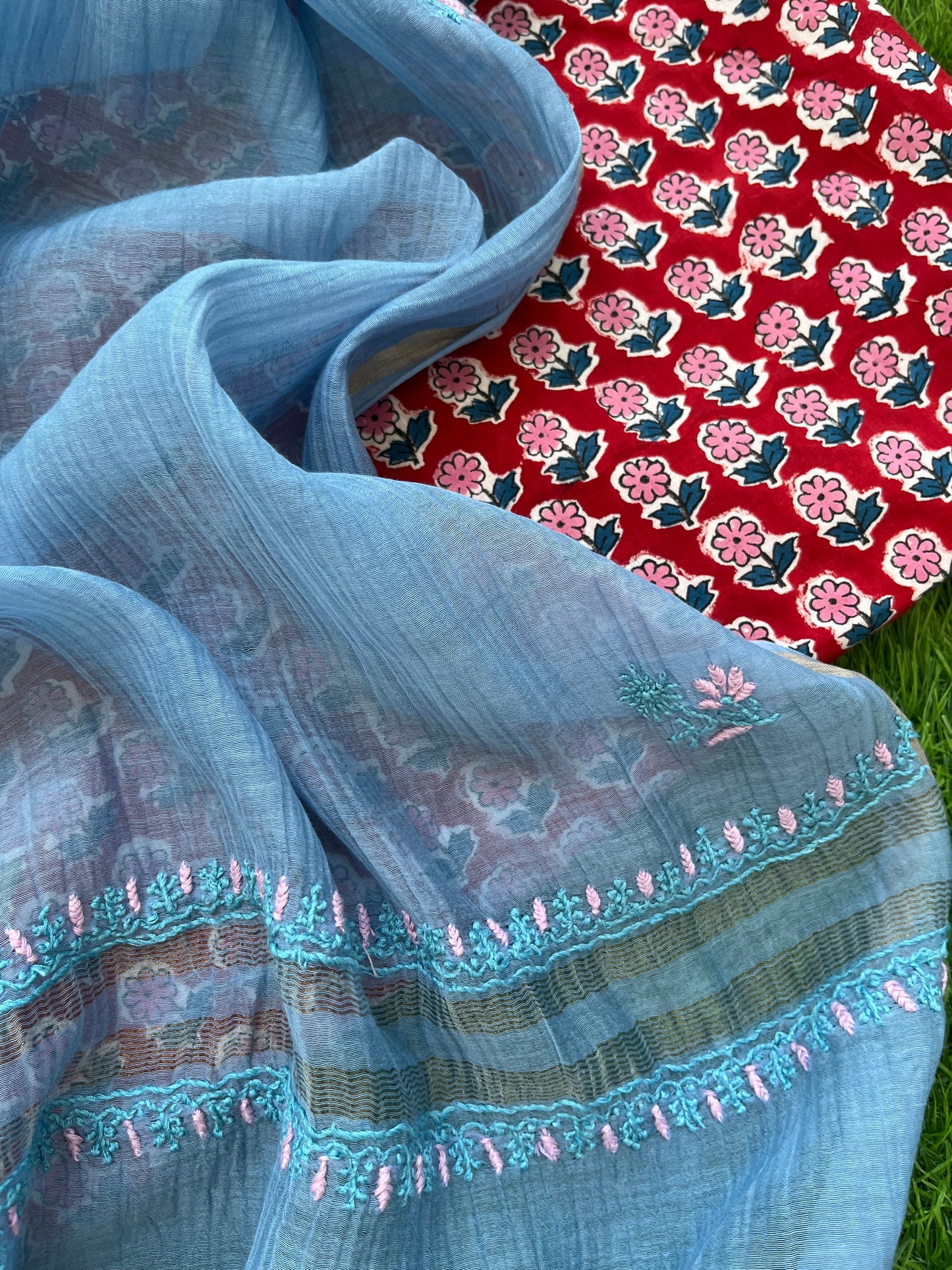 रोज़ाना :Chanderi Chikankari Dupatta with cotton block print kurta bottom Fabric