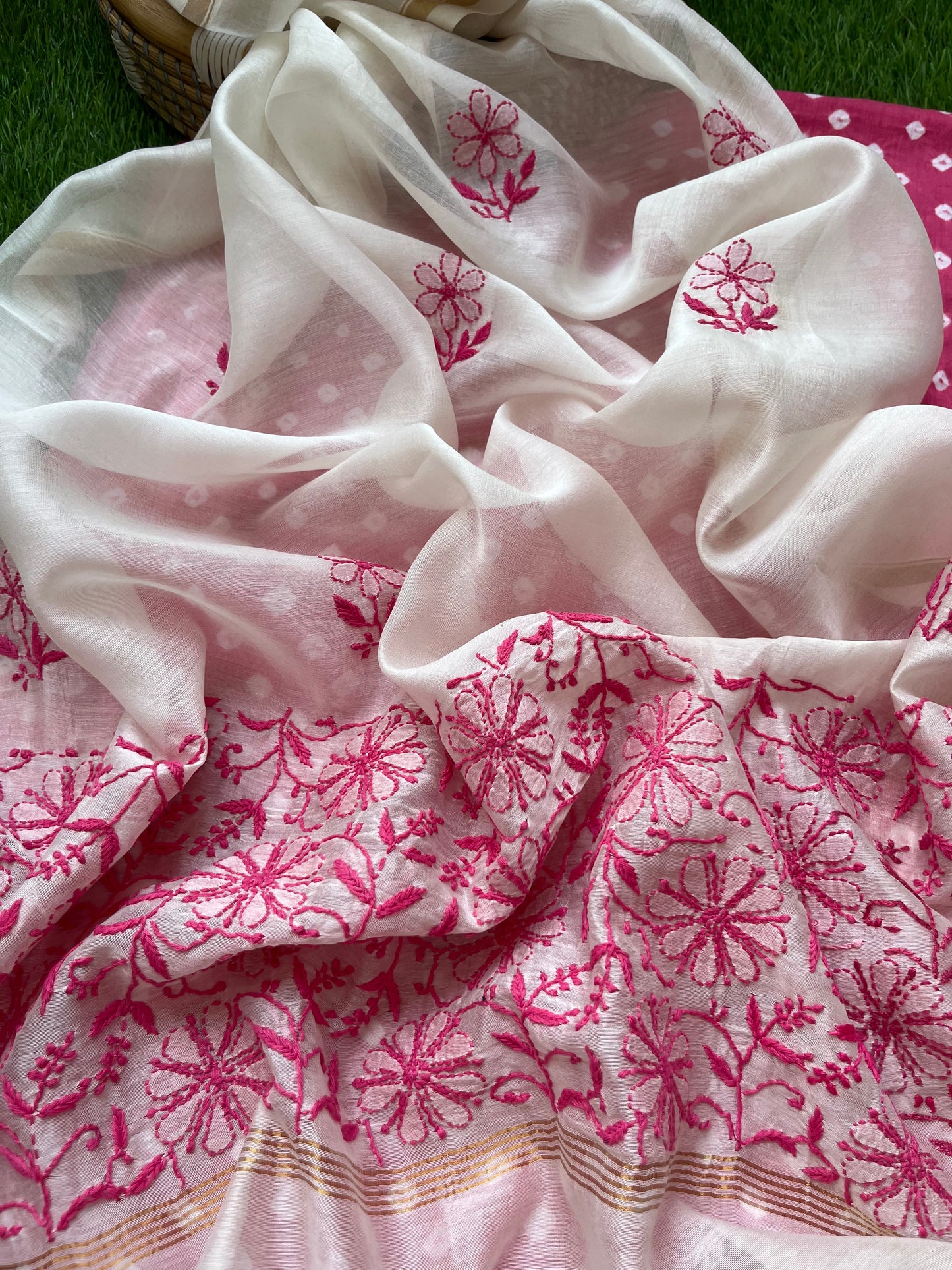 Cotton bandhani kurta fabric chanderi chikan work dupatta