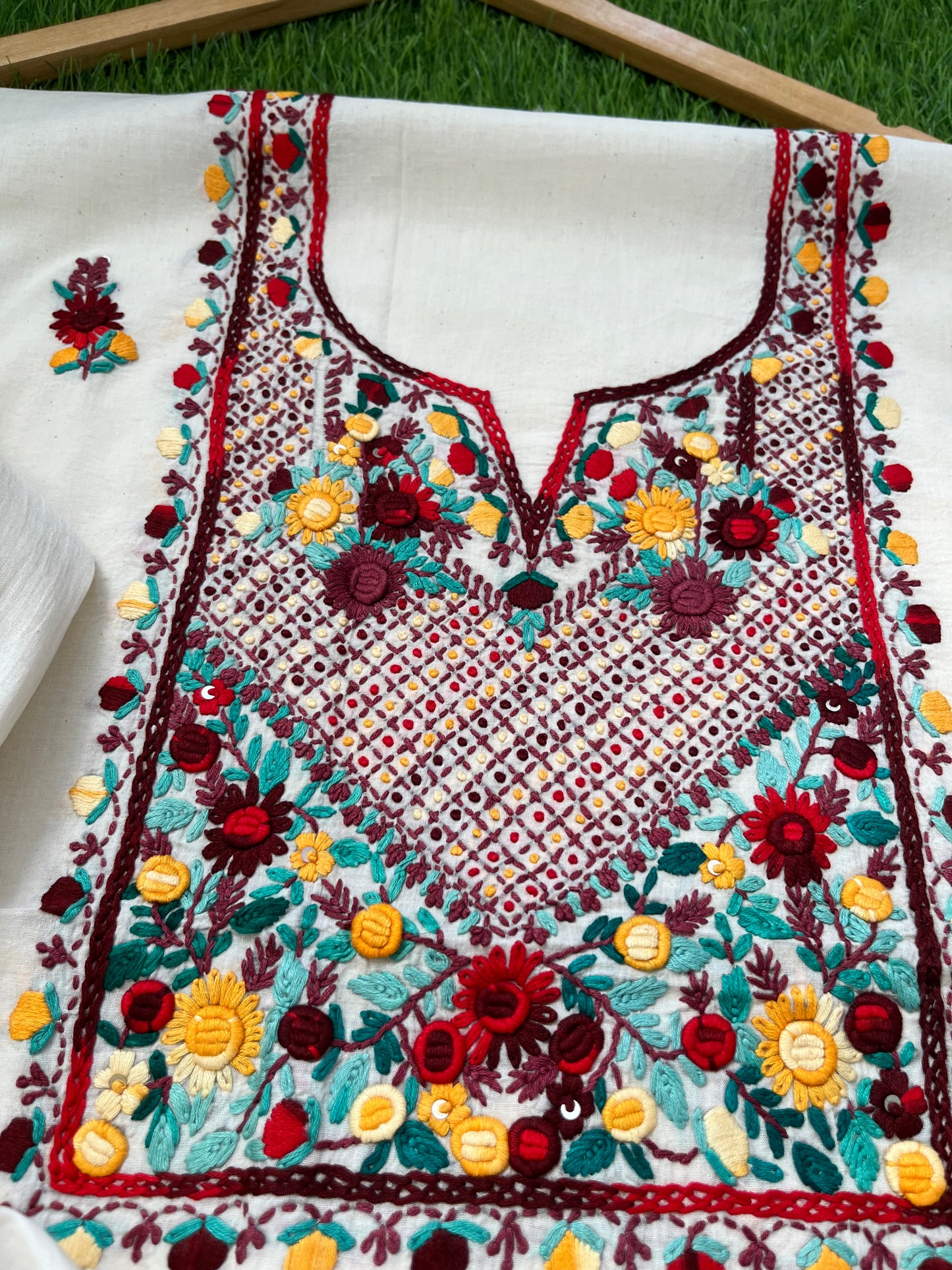 Handwoven Cotton knot work embroidered kurta dupatta and plain bottom fabric