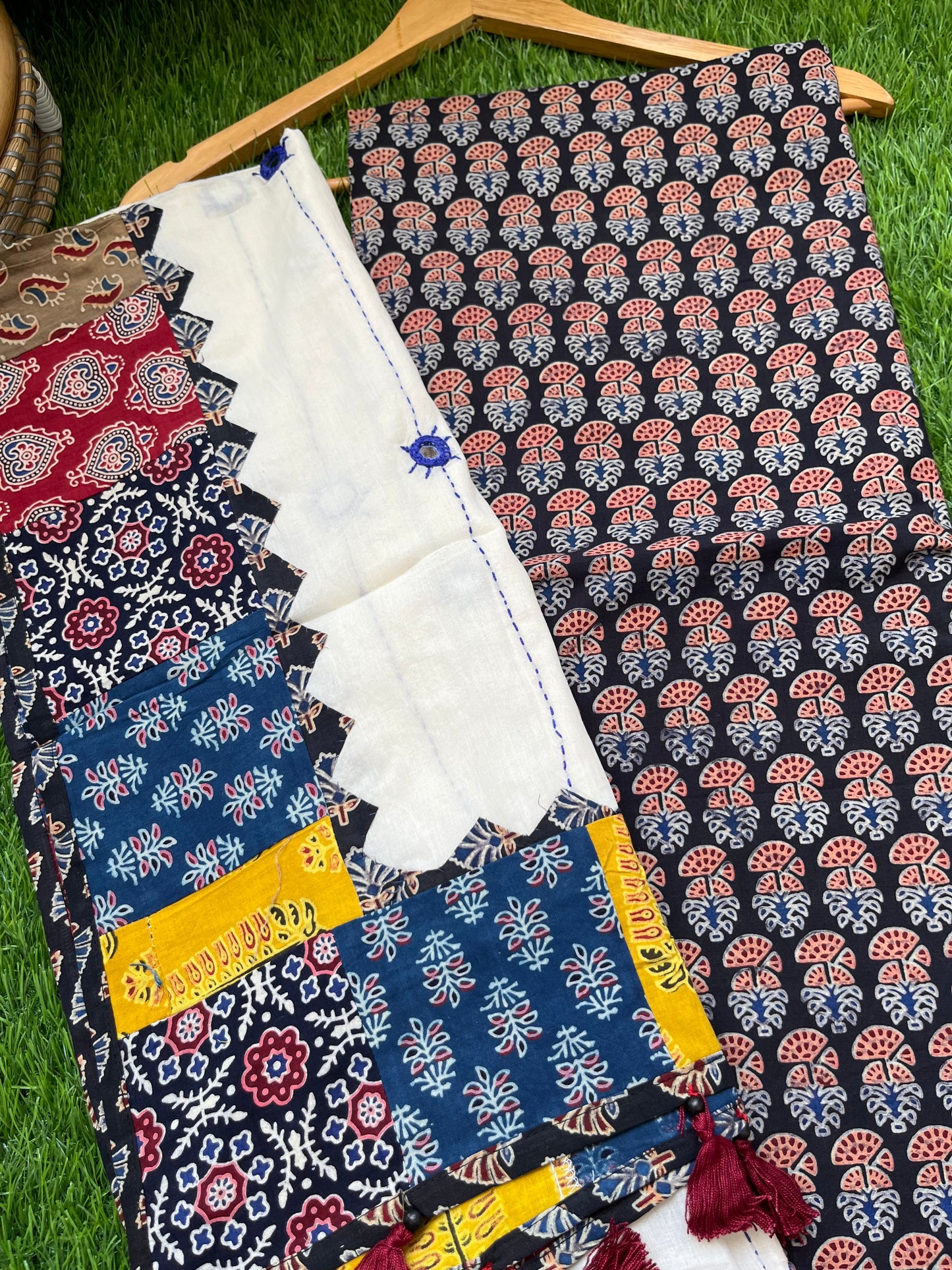 Cotton ajrakh kurta applique Mirror work dupatta set