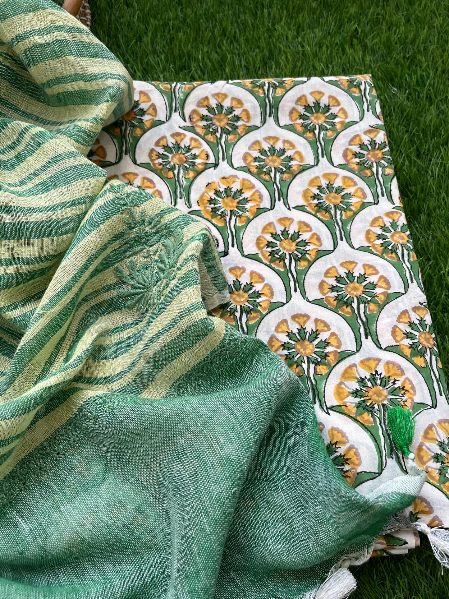 Cotton block print kurta fabric chikan work dupatta
