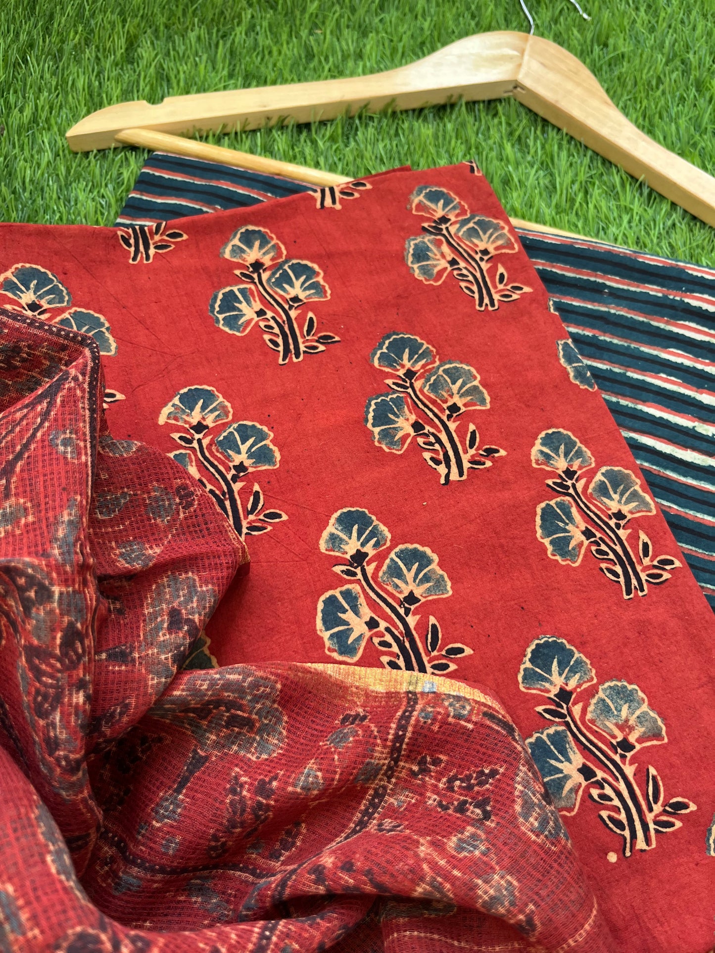 Ajrakh cotton Kurta bottom and kota doria dupatta