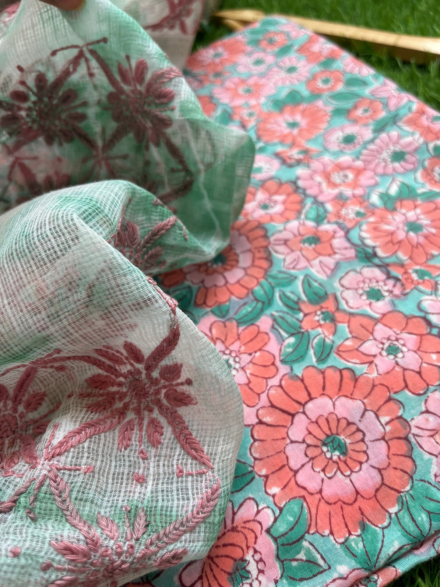 Kota Chikankari Dupatta with print kurta bottom Fabric