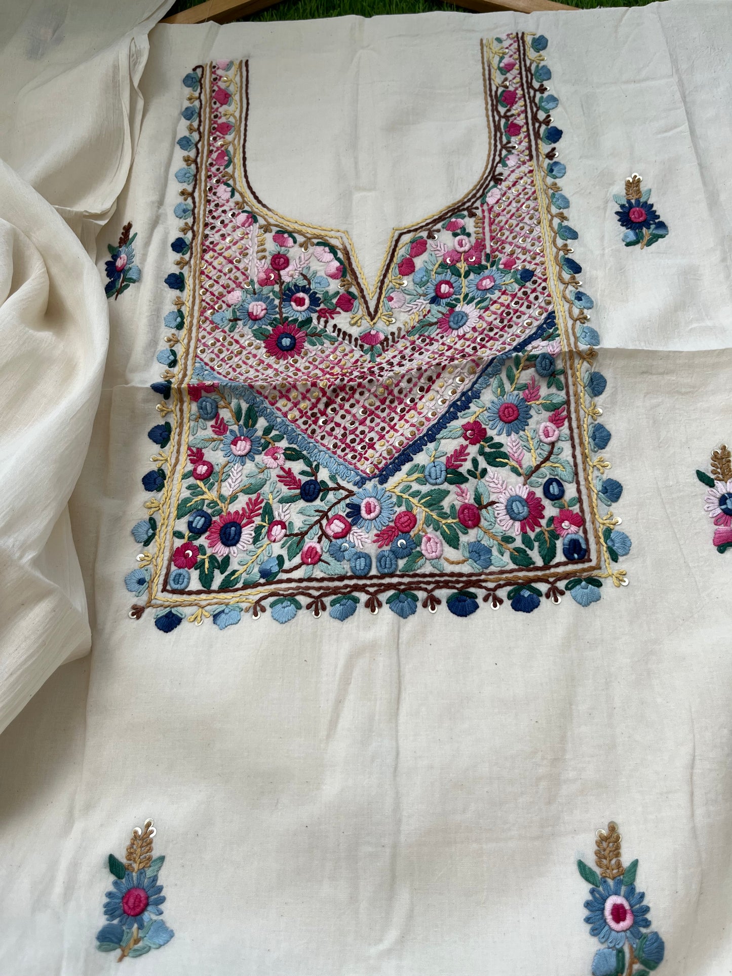 Handwoven Cotton knot work embroidered kurta dupatta and plain bottom fabric