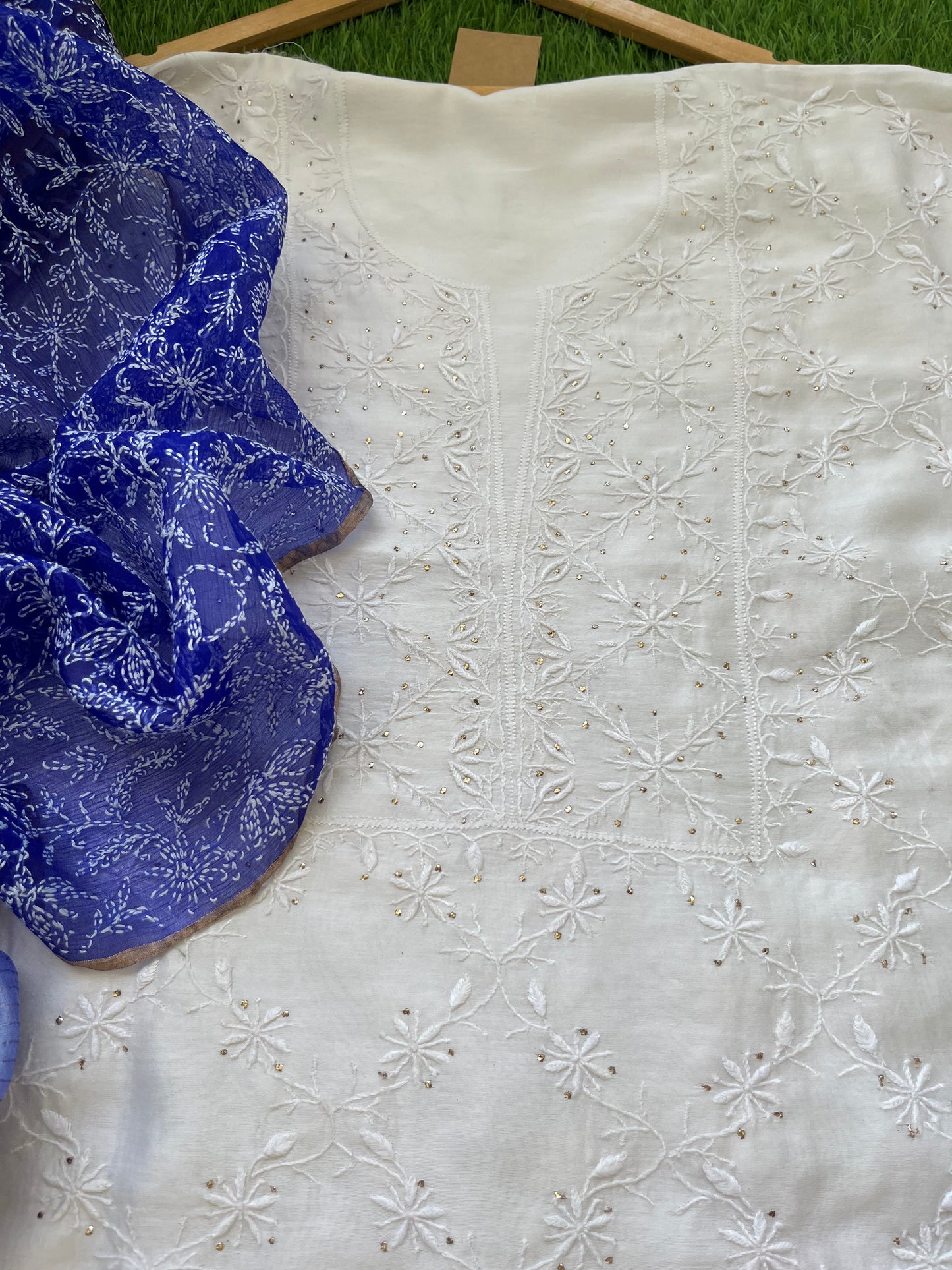 Chanderi Chikankari Kurta organza silk Dupatta
