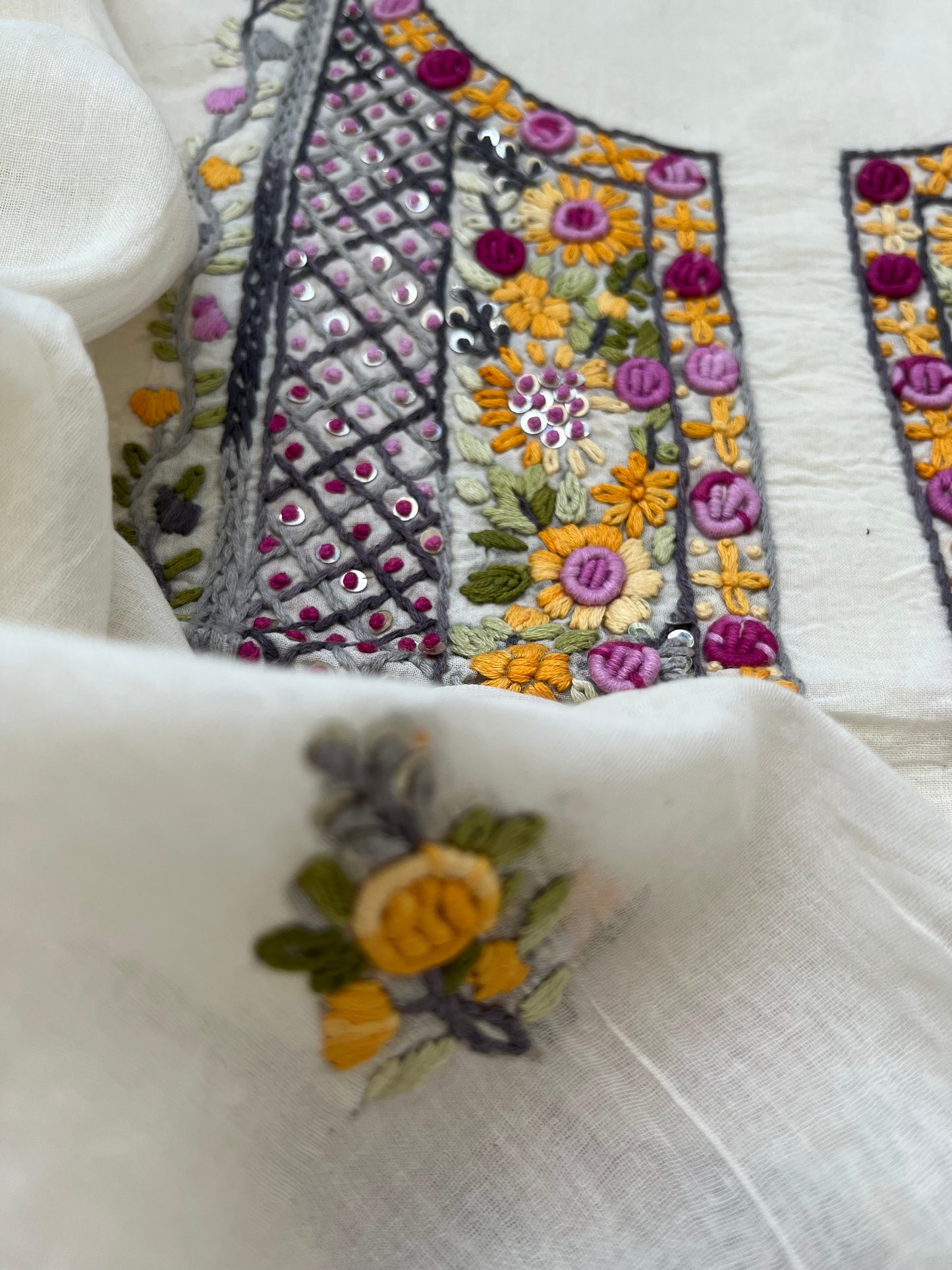 Handwoven Cotton knot work embroidered kurta dupatta and plain bottom fabric