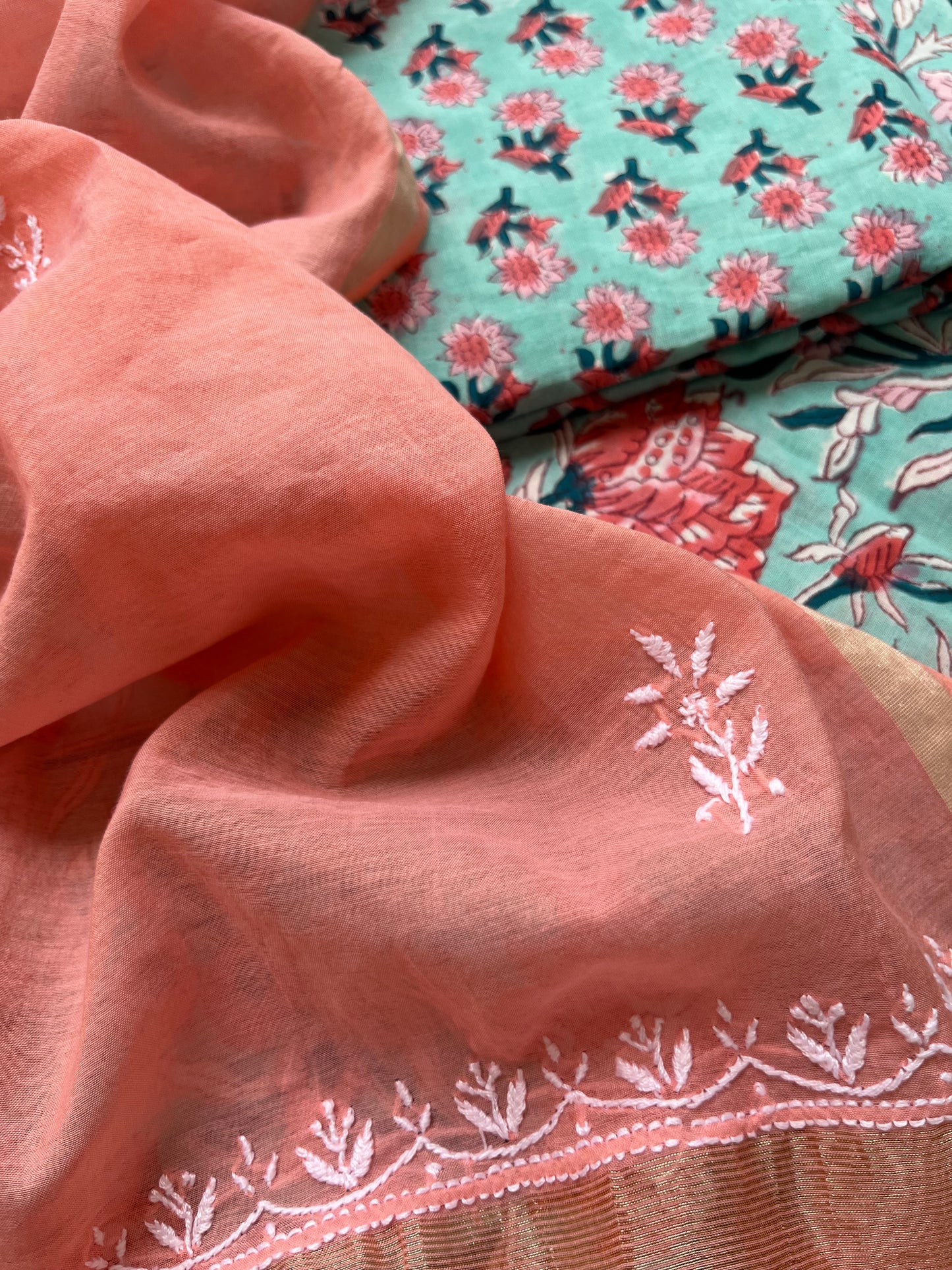 Chanderi Chikankari Dupatta with print kurta bottom Fabric