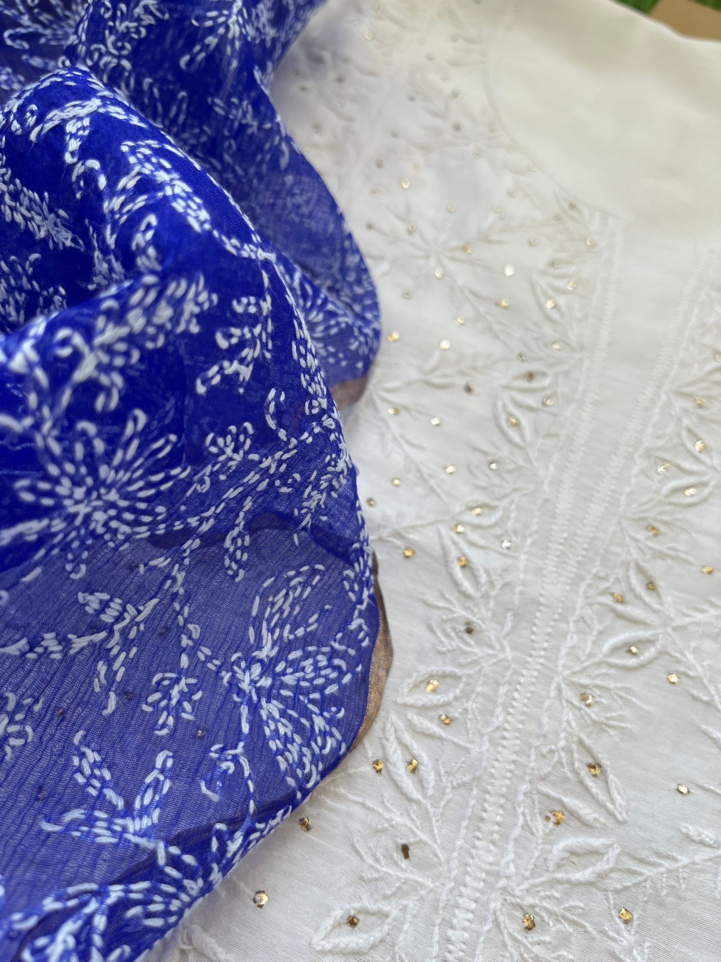 Chanderi Chikankari Kurta organza silk Dupatta
