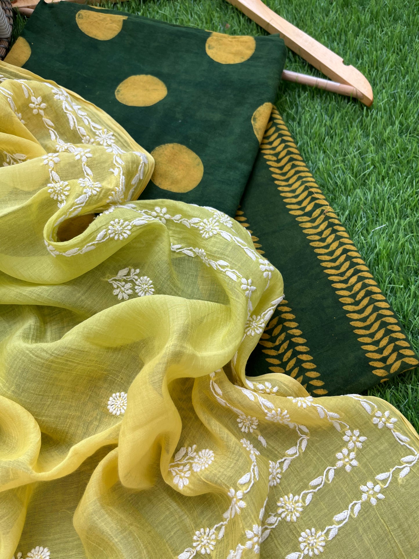 Chanderi Chikankari Dupatta with print kurta bottom Fabric