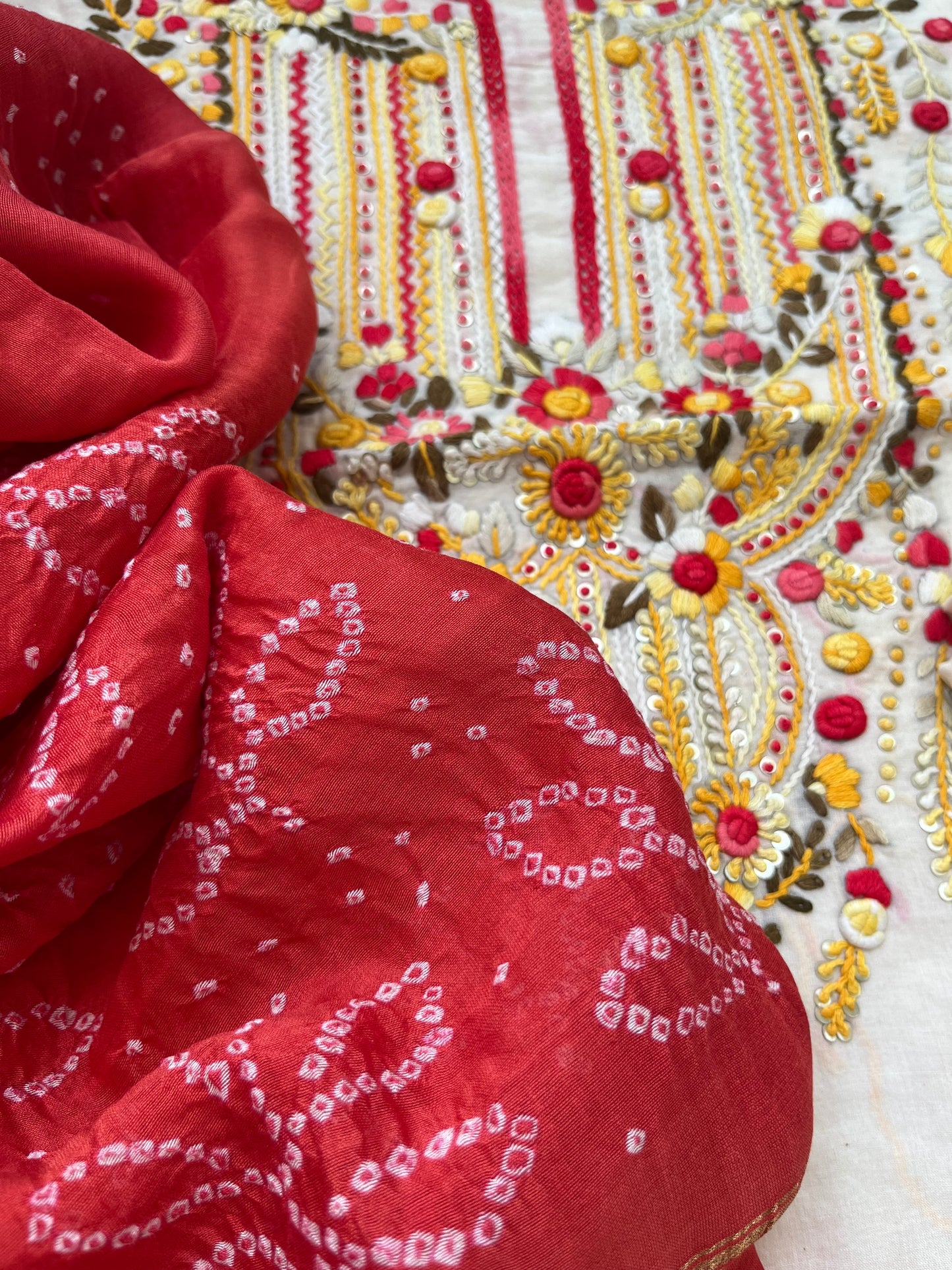 Handwoven Cotton knot work embroidered kurta bandhani dupatta and plain bottom fabric