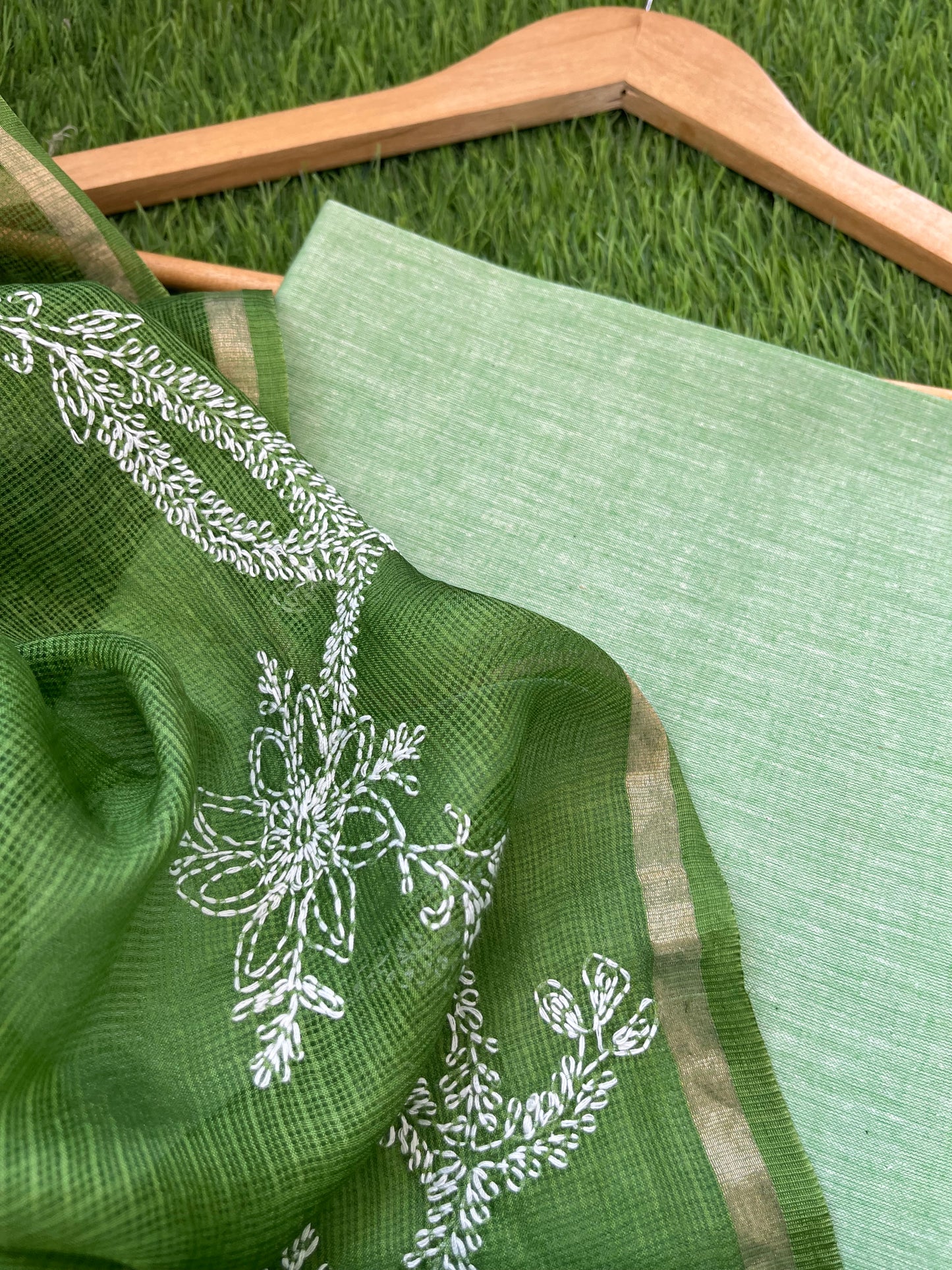 Kota silk Chikankari Dupatta with khadi kurta bottom Fabric