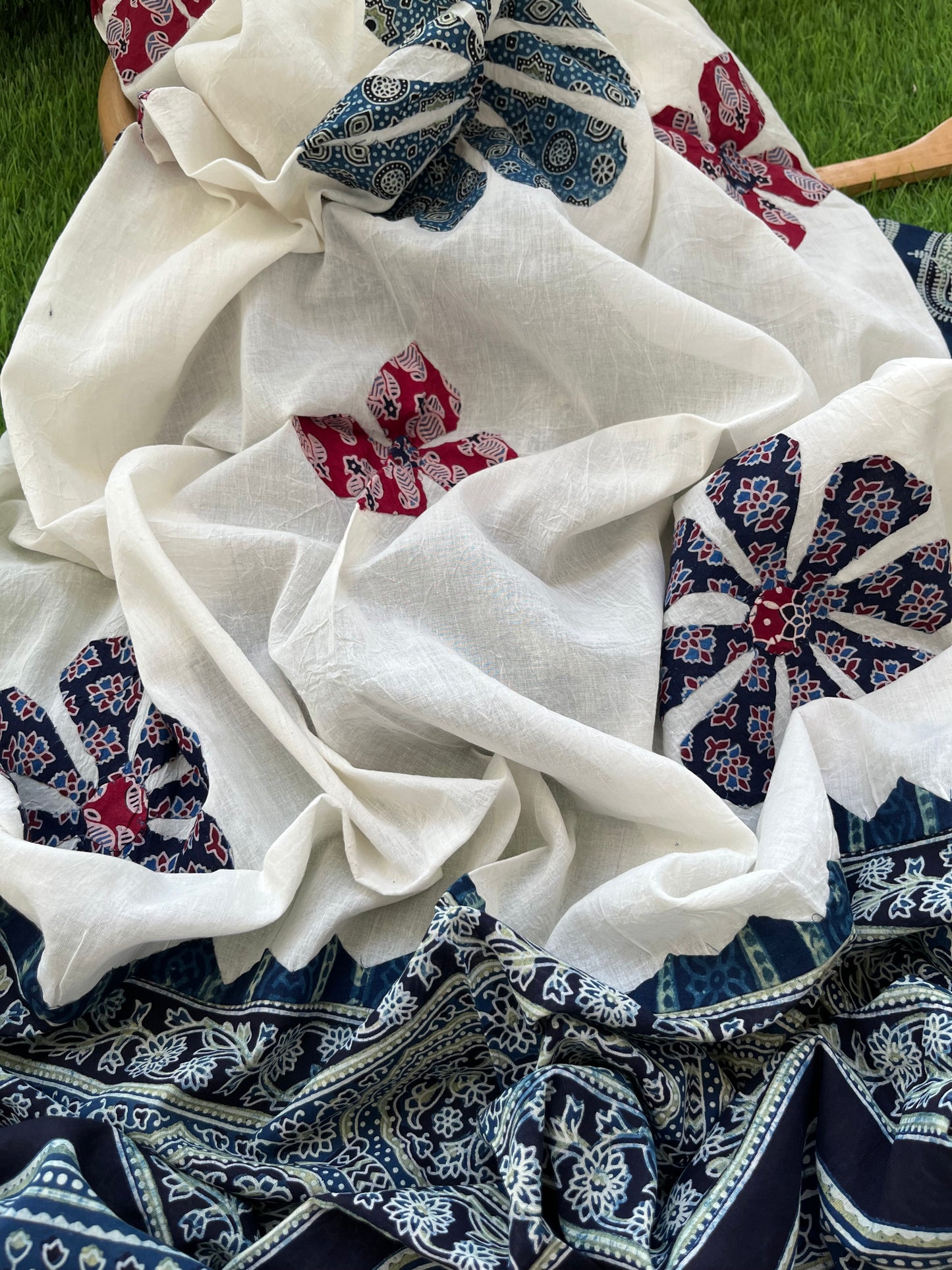 Cotton ajrakh kurta applique work dupatta set