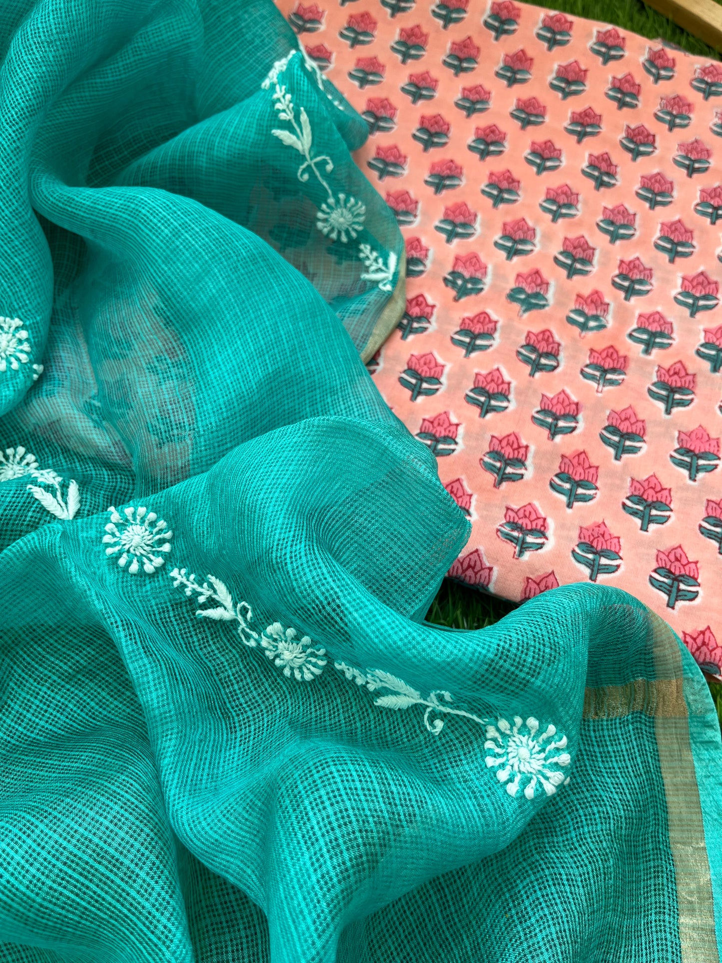 Chikankari kota silk Dupatta and block print kurta Fabric