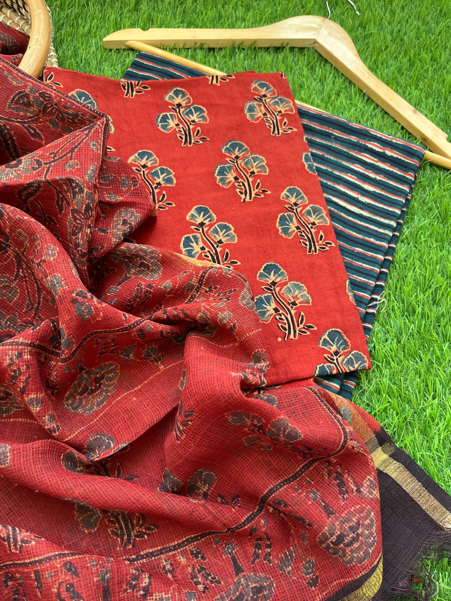 Ajrakh cotton Kurta bottom and kota doria dupatta